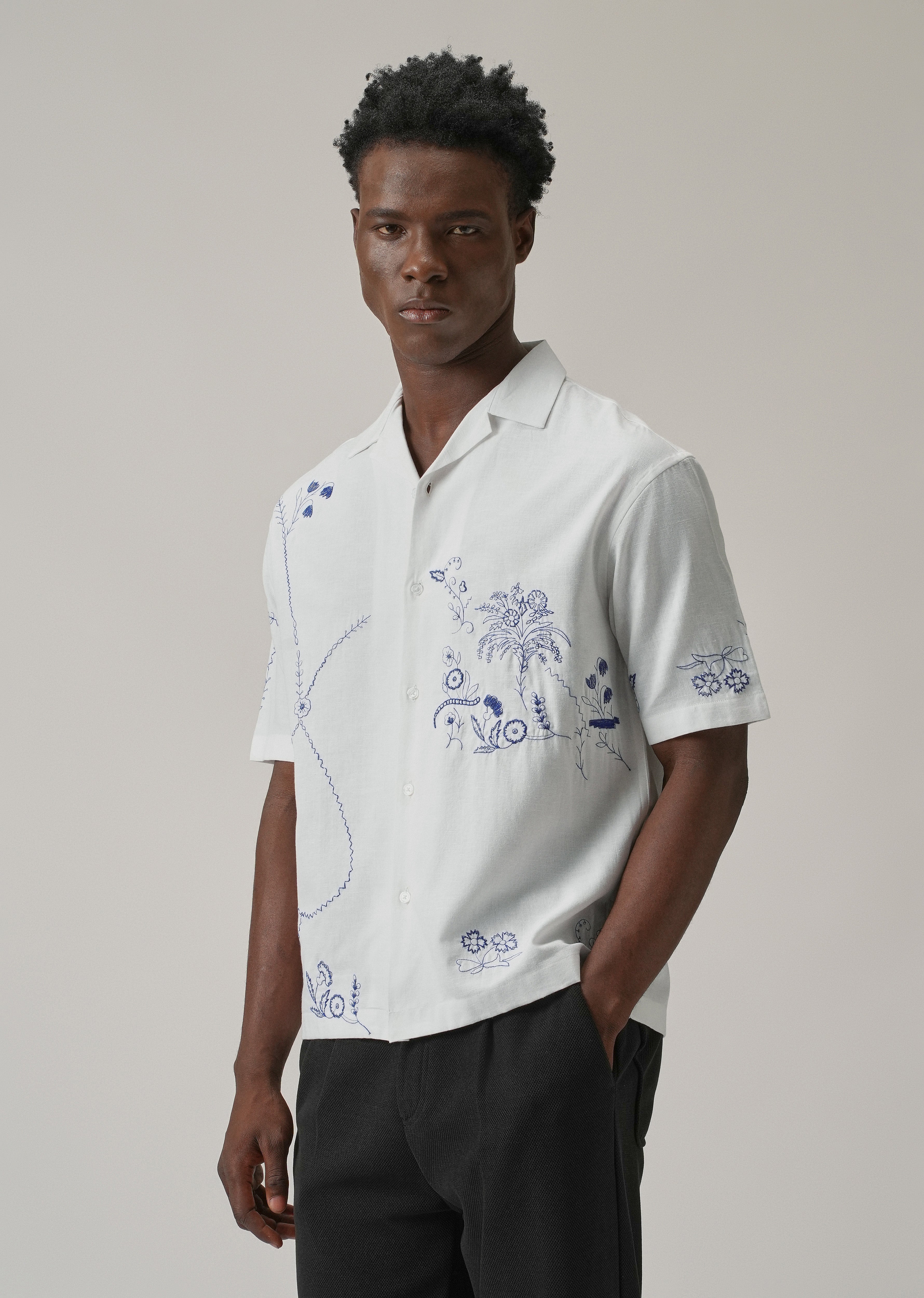 Blue Floral Embroidery Linen Shirt