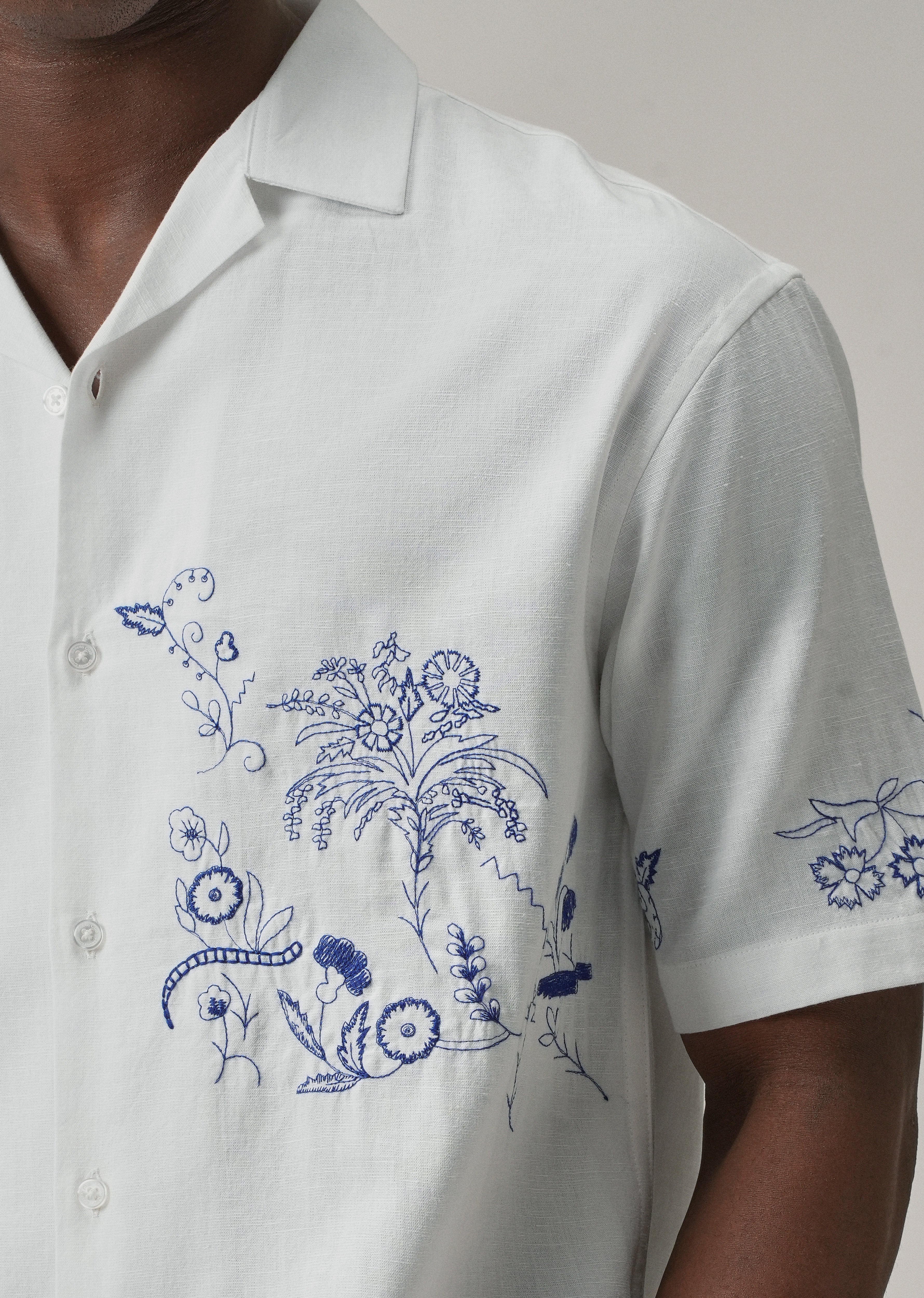 Blue Floral Embroidery Linen Shirt