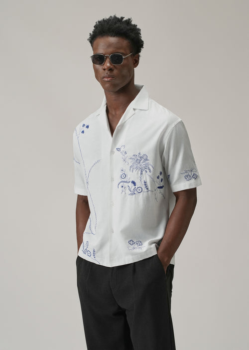 Blue Floral Embroidery Linen Shirt