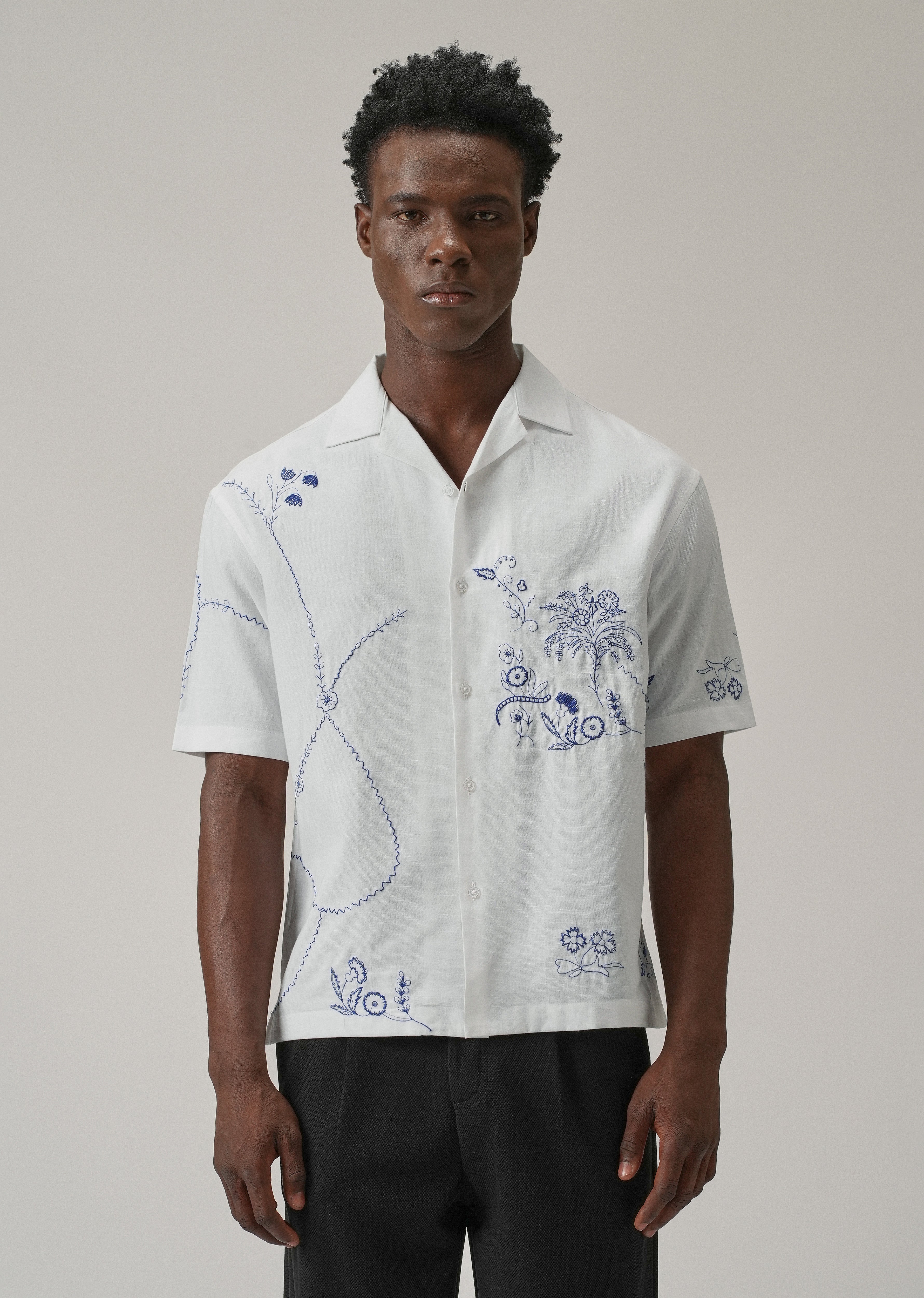 Blue Floral Embroidery Linen Shirt