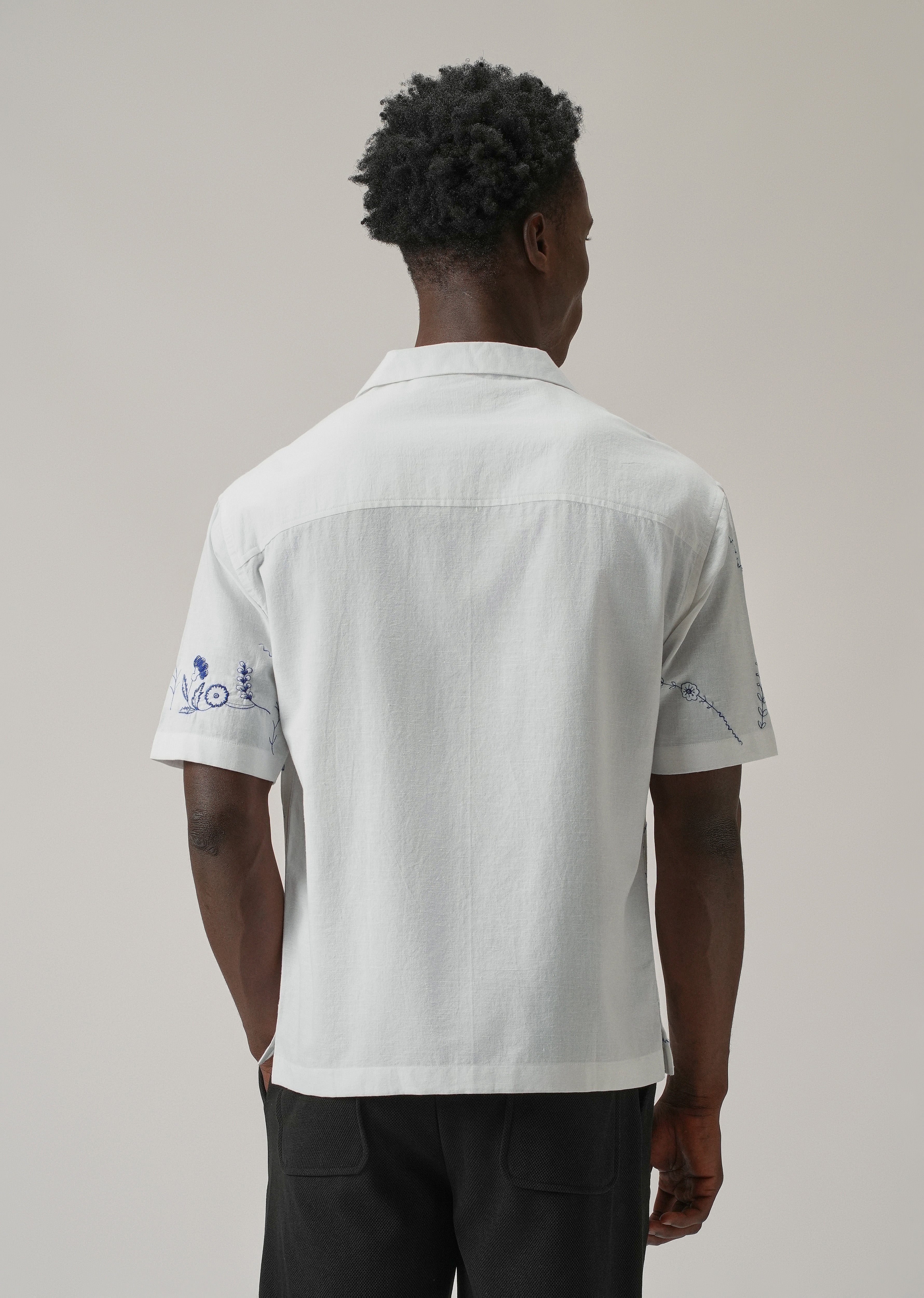 Blue Floral Embroidery Linen Shirt