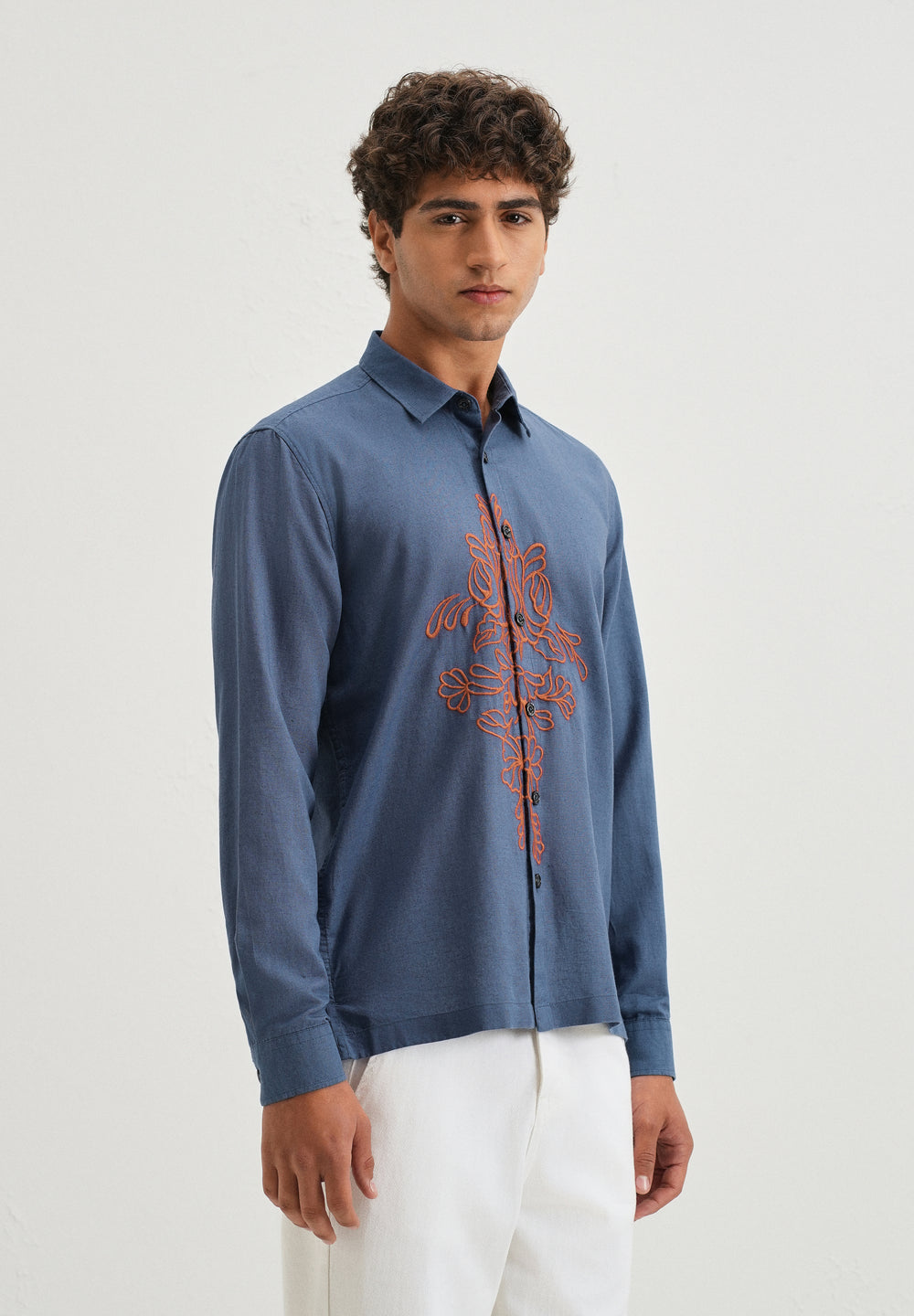 Blue Floral Embroidery Shirt