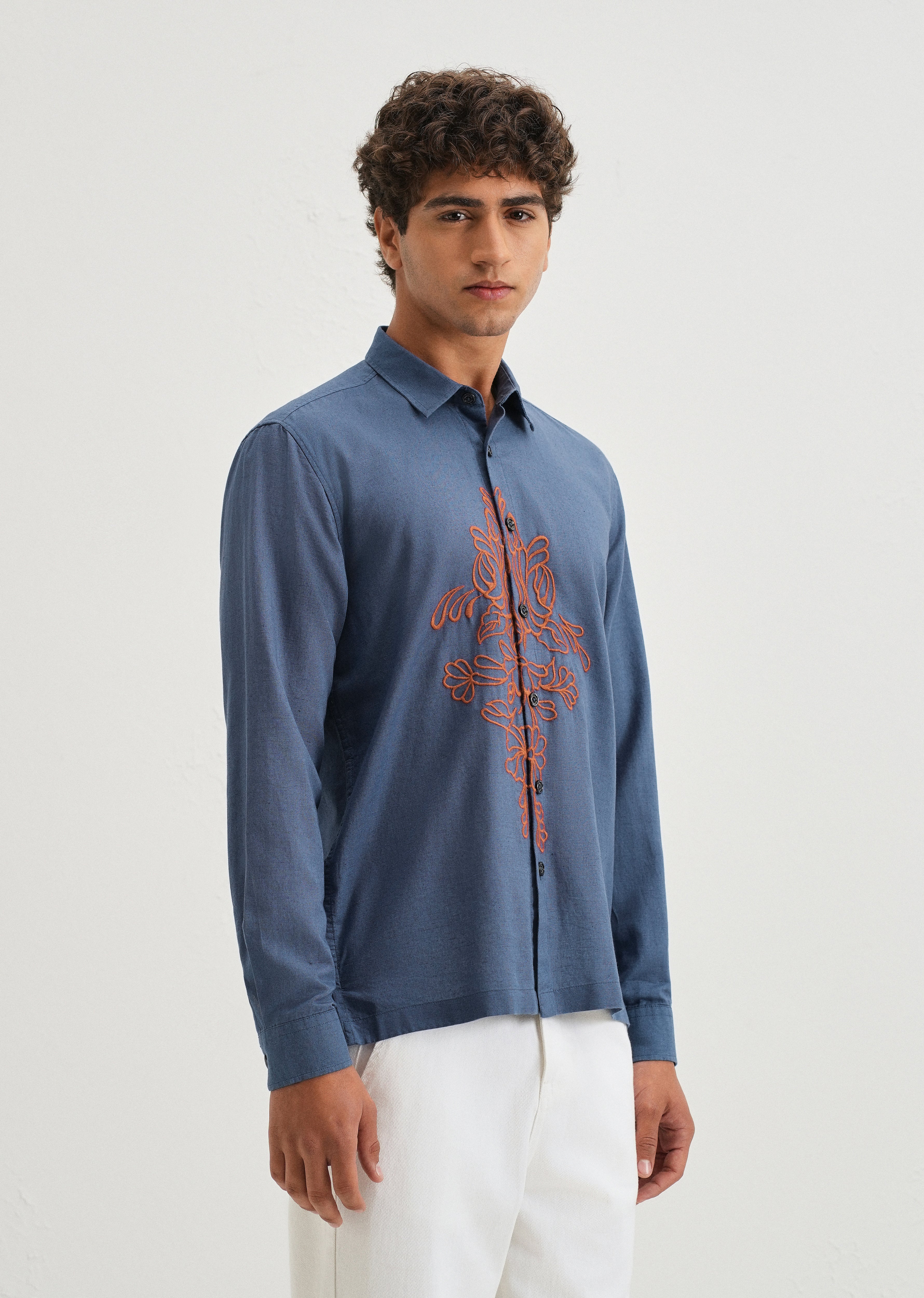 Blue Floral Embroidery Shirt