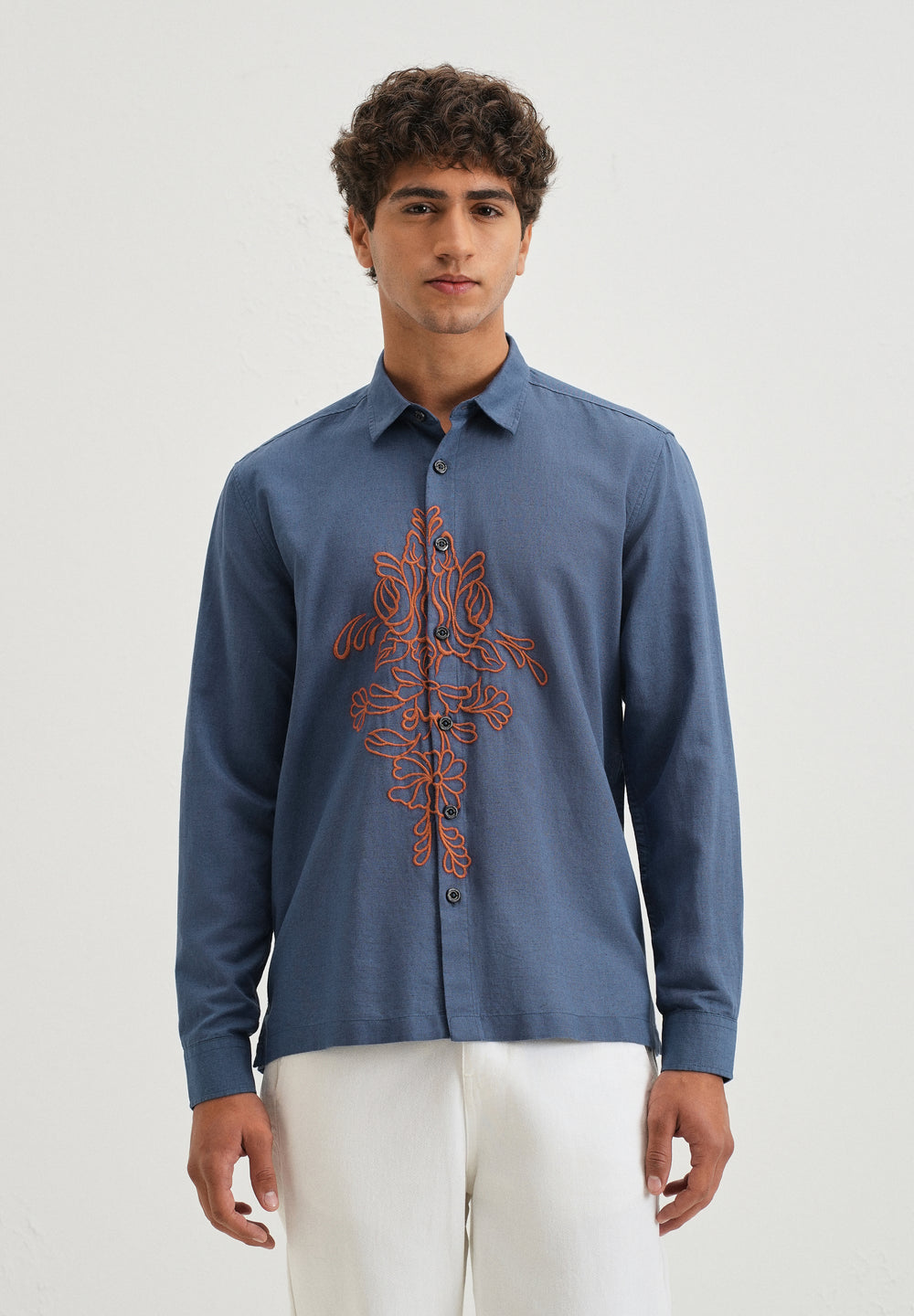 Blue Floral Embroidery Shirt