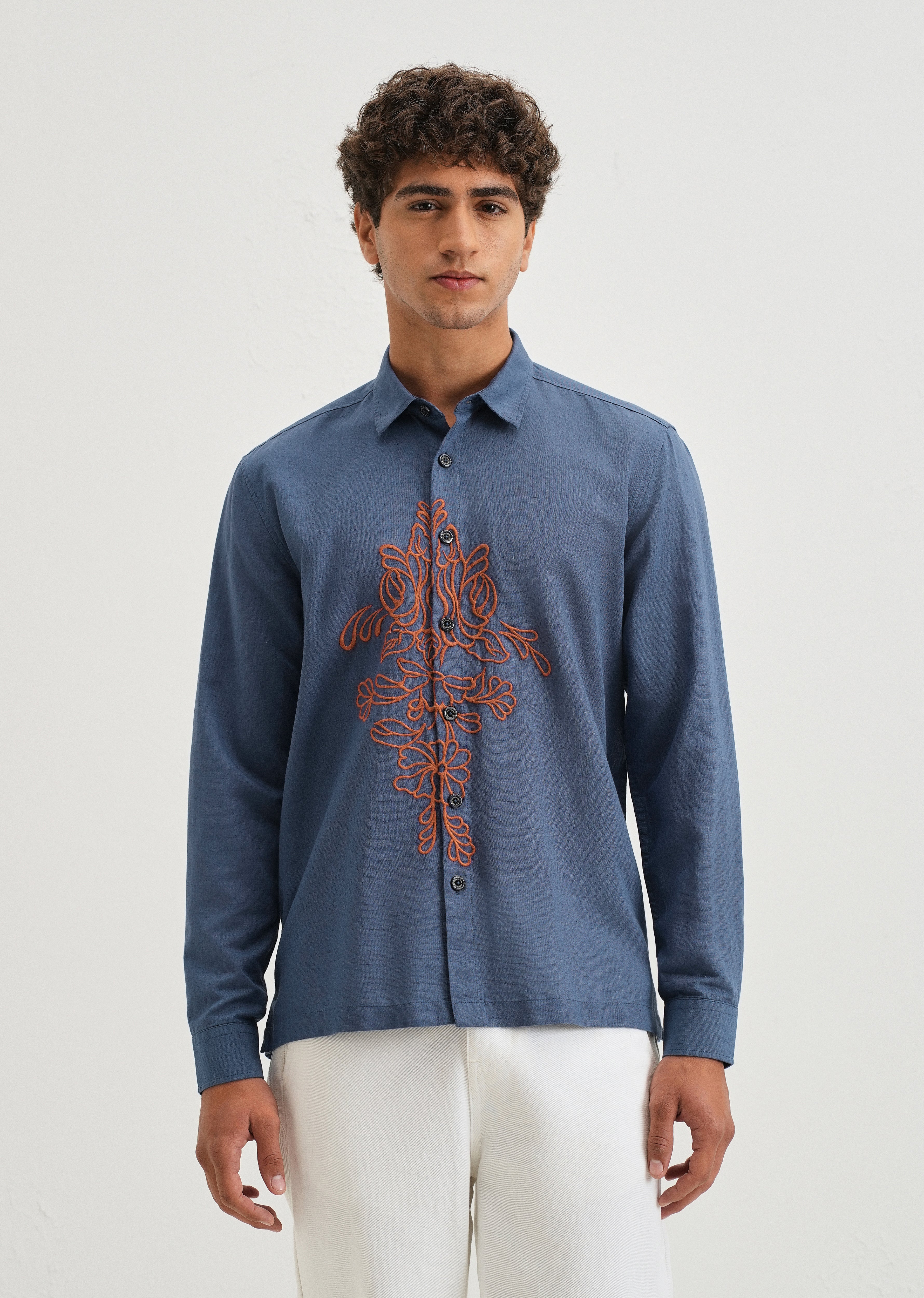 Blue Floral Embroidery Shirt