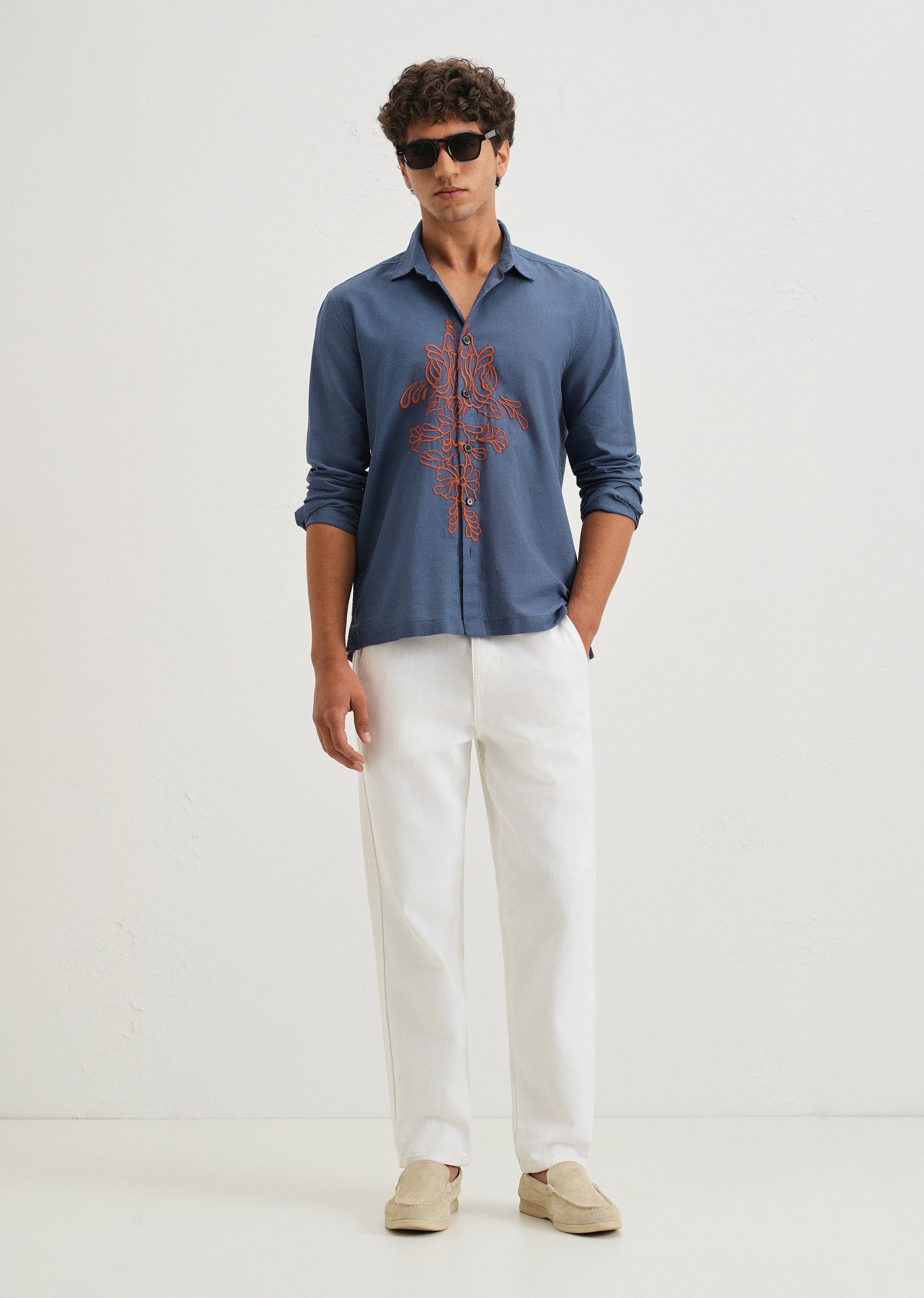 Blue Floral Embroidery Shirt