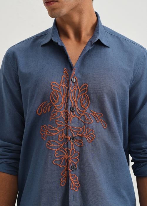 Blue Floral Embroidery Shirt