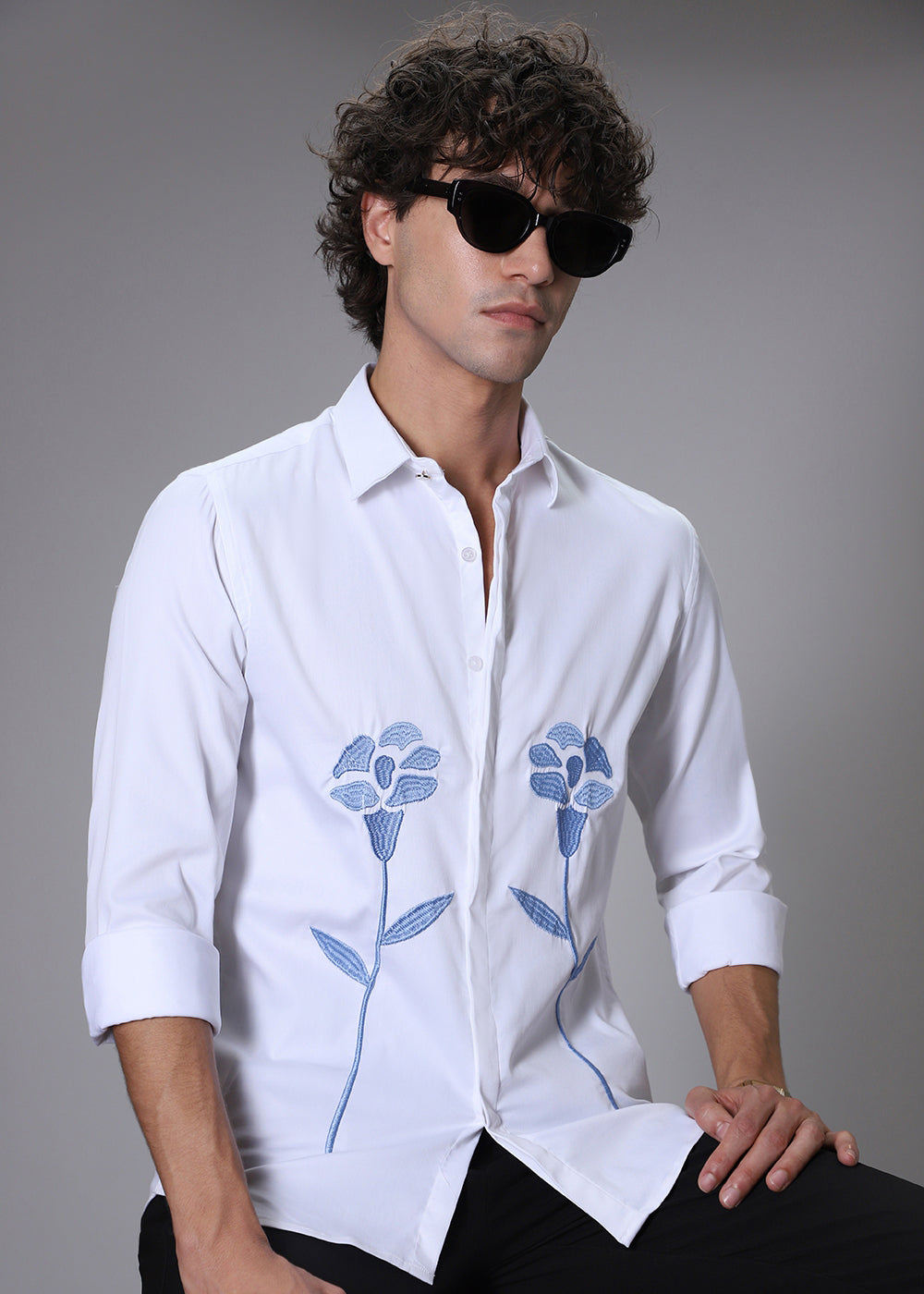Blue Floral Embroidery White Designer Shirt
