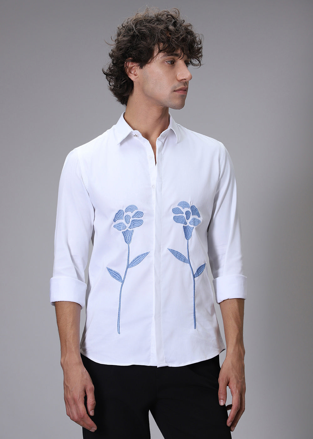 Blue Floral Embroidery White Designer Shirt