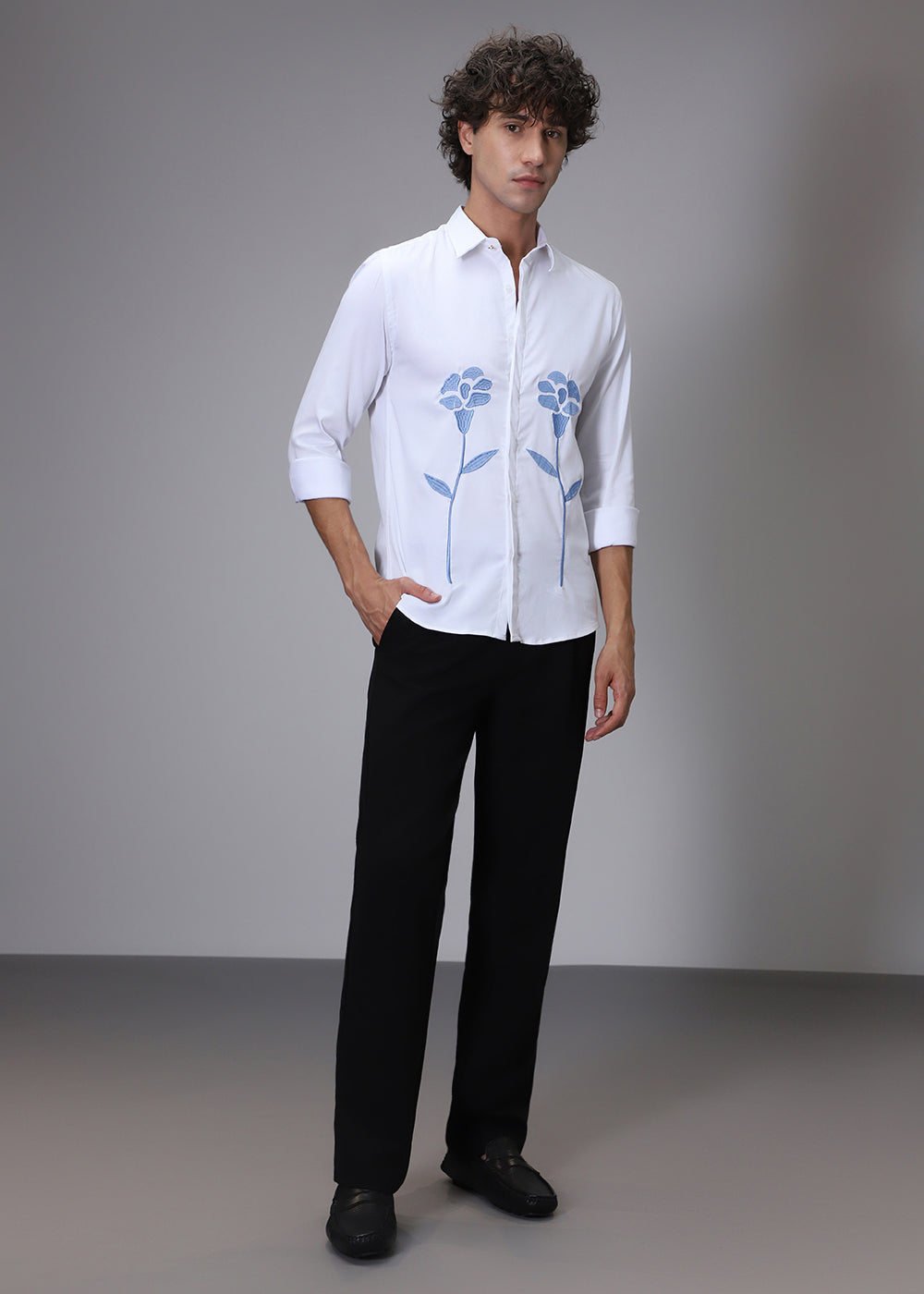 Blue Floral Embroidery White Designer Shirt