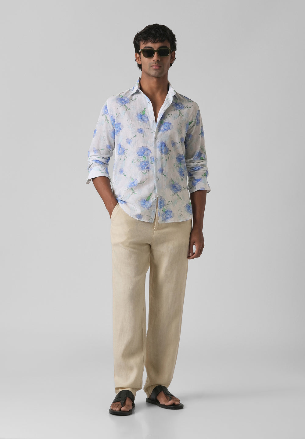 Blue Floral Printed Cotton Linen Shirt
