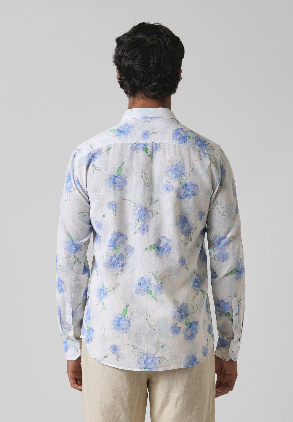 Blue Floral Printed Cotton Linen Shirt