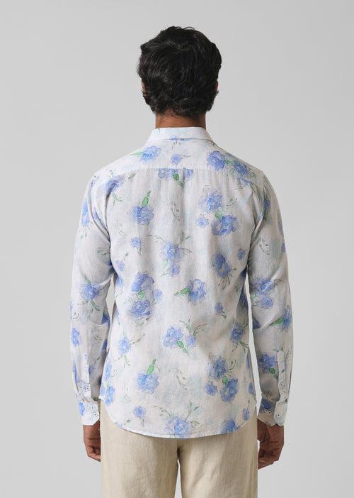 Blue Floral Printed Cotton Linen Shirt
