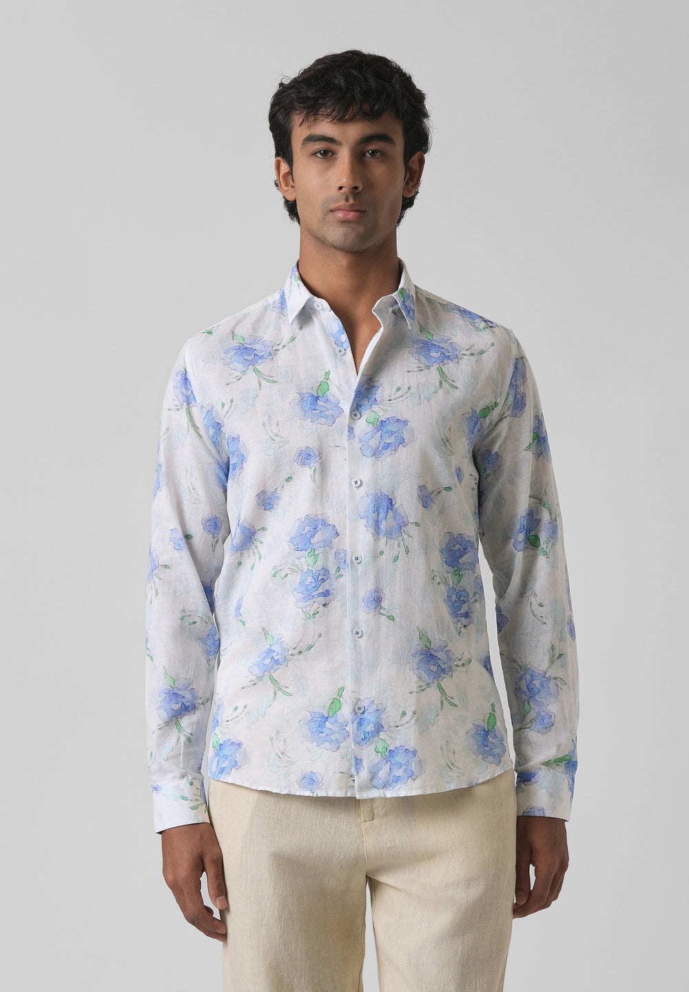 Blue Floral Printed Cotton Linen Shirt
