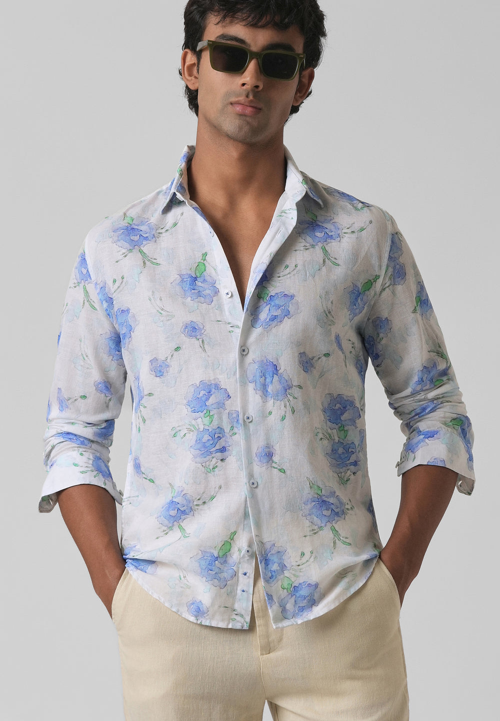 Blue Floral Printed Cotton Linen Shirt