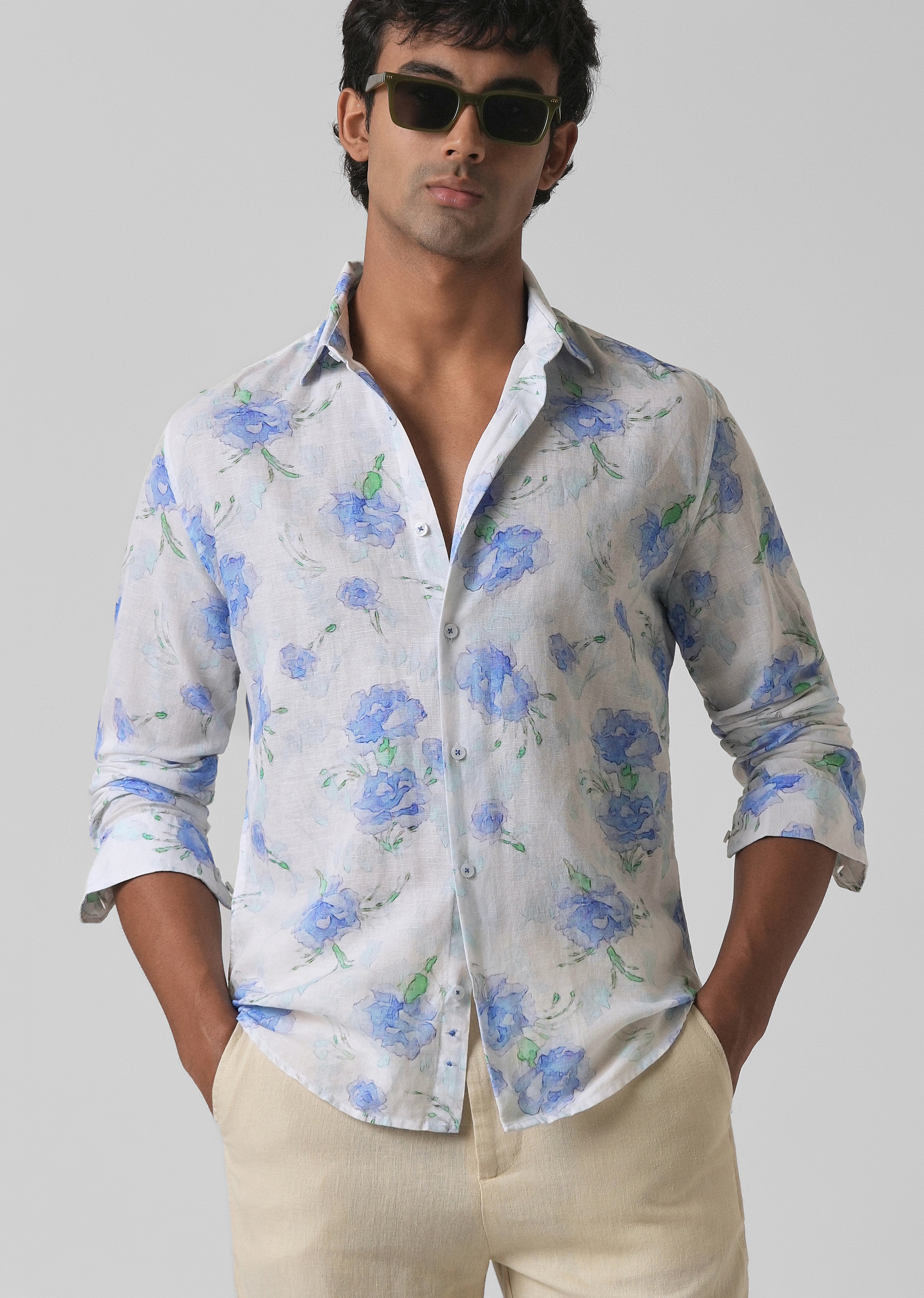 Blue Floral Printed Cotton Linen Shirt