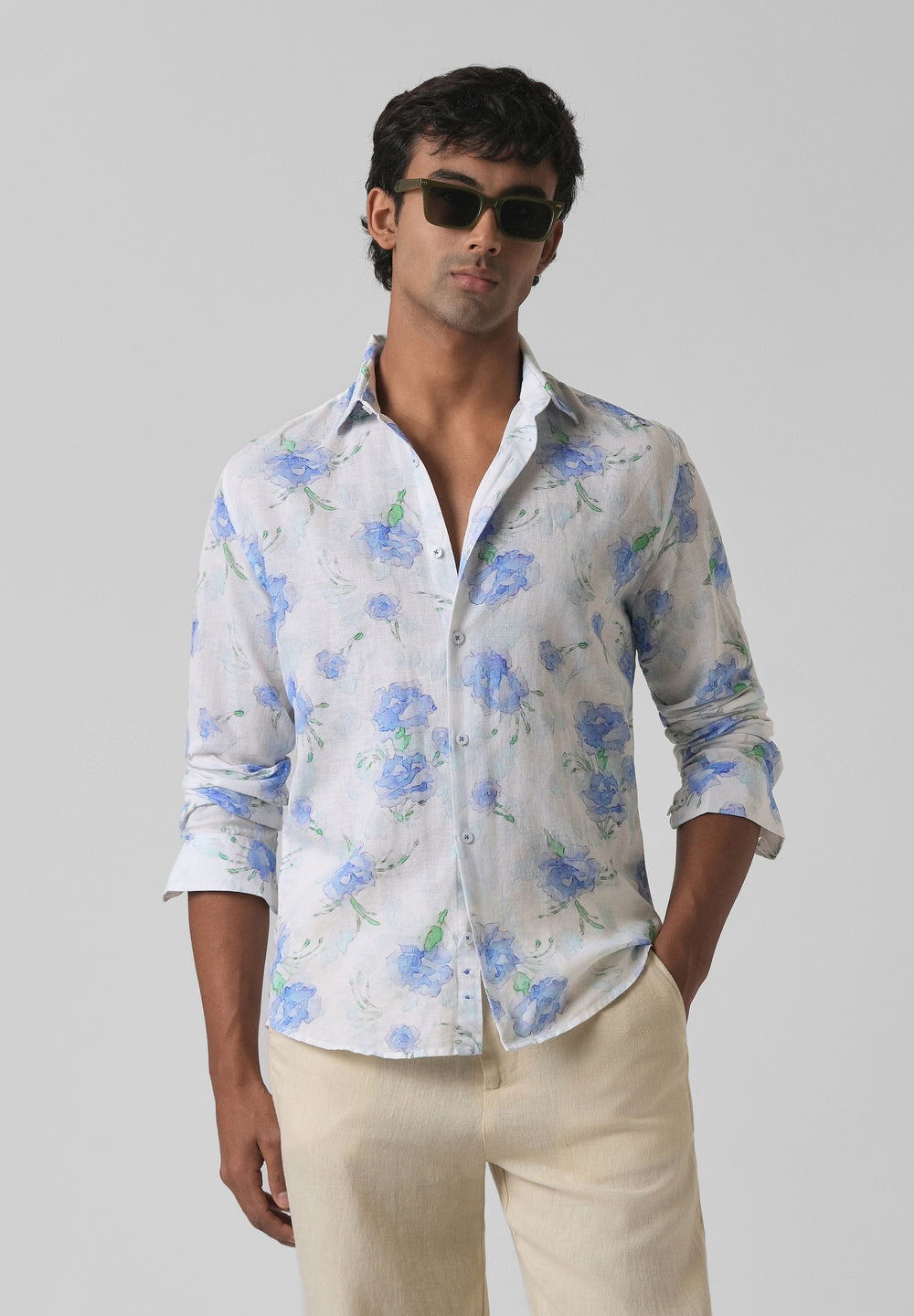 Blue Floral Printed Cotton Linen Shirt