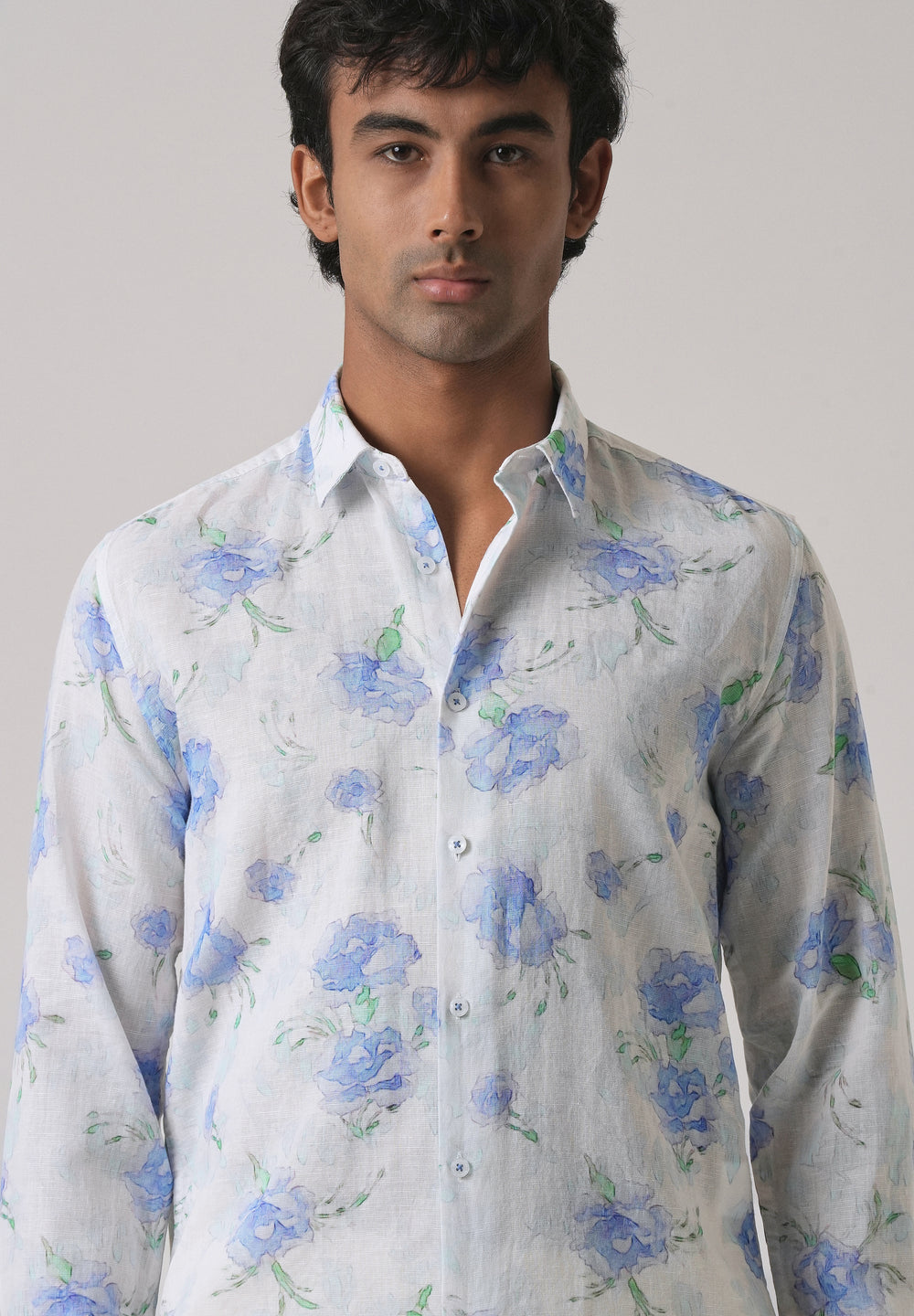 Blue Floral Printed Cotton Linen Shirt