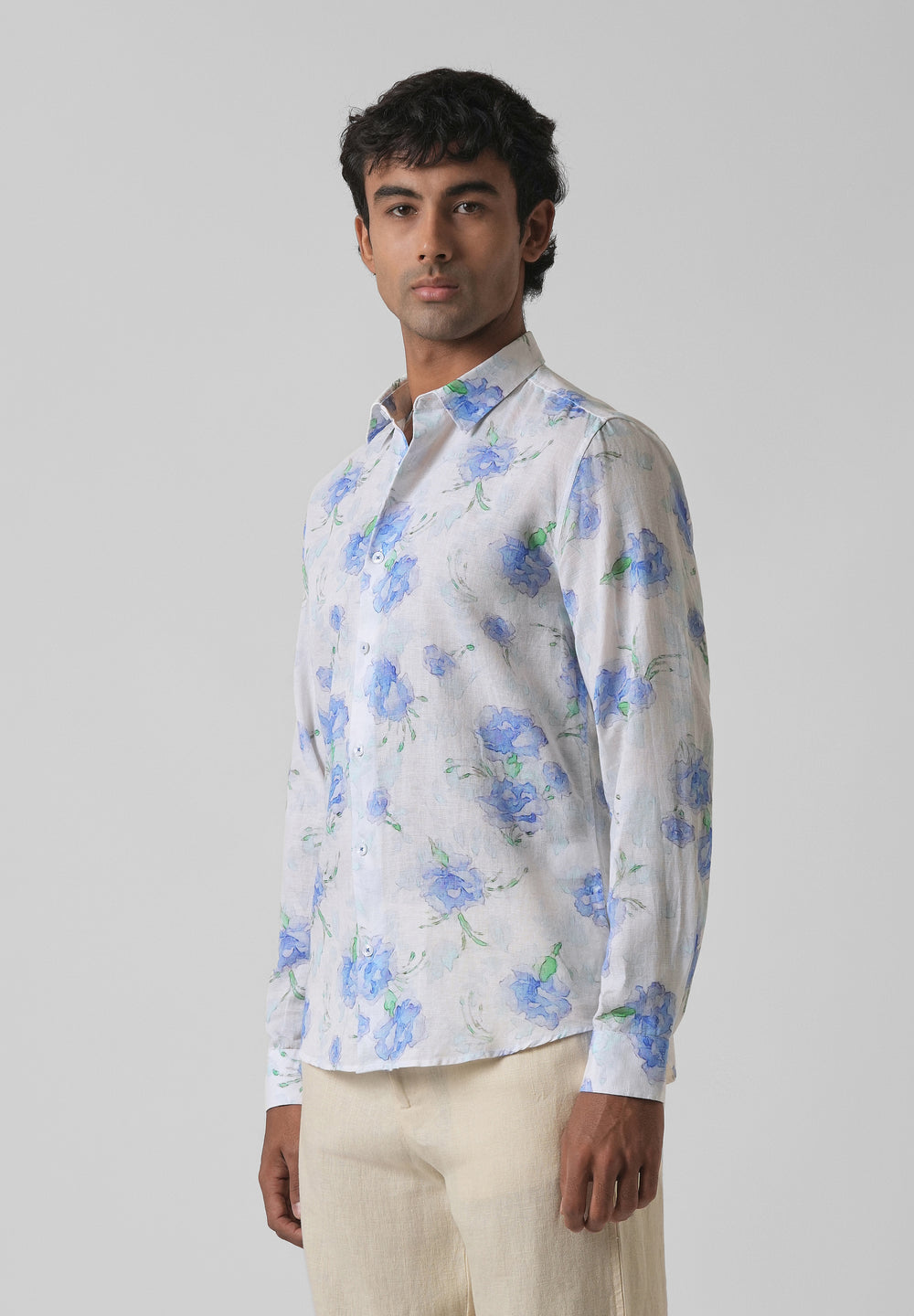 Blue Floral Printed Cotton Linen Shirt