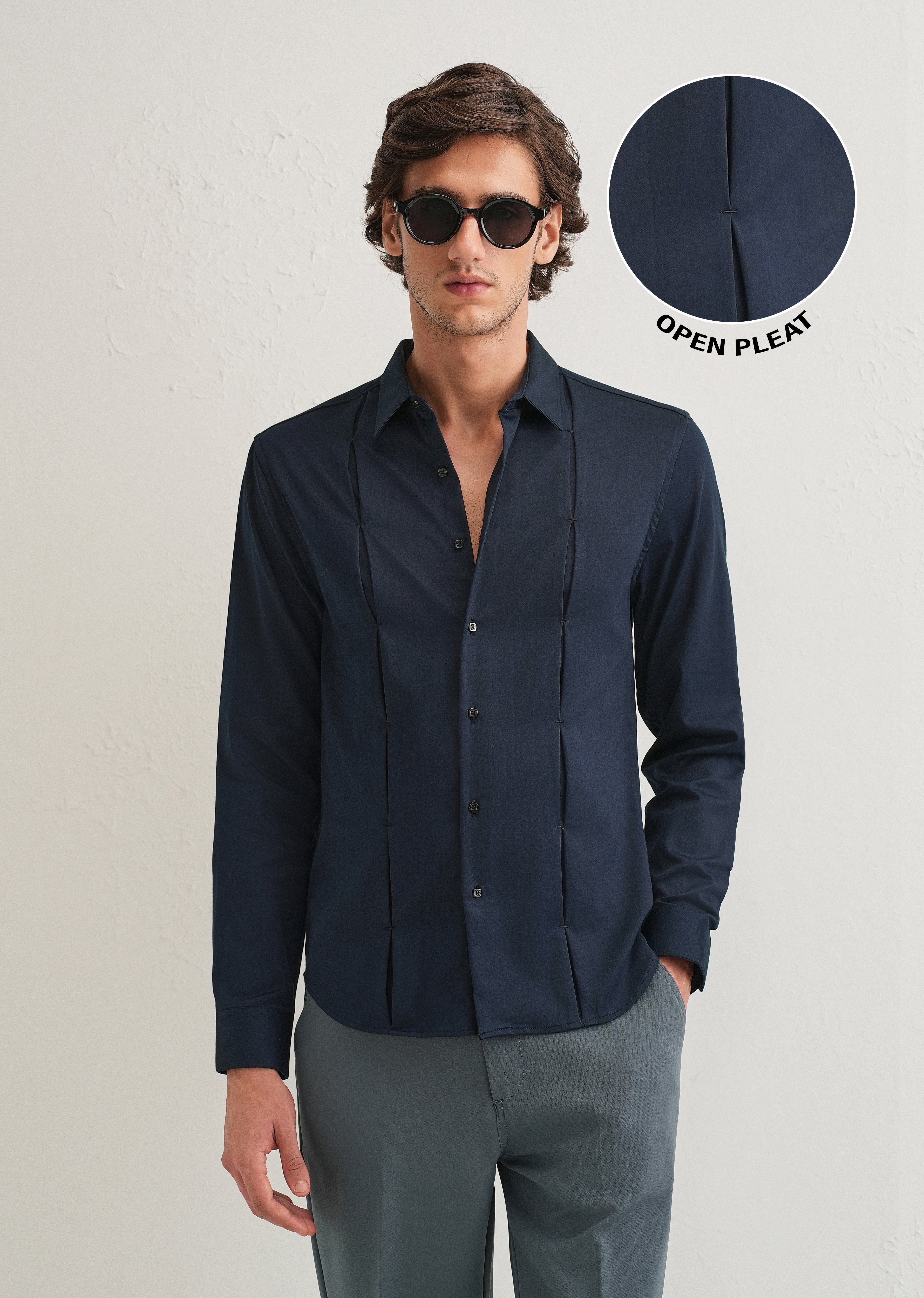 Blue Front Panel Open Pleat Shirt