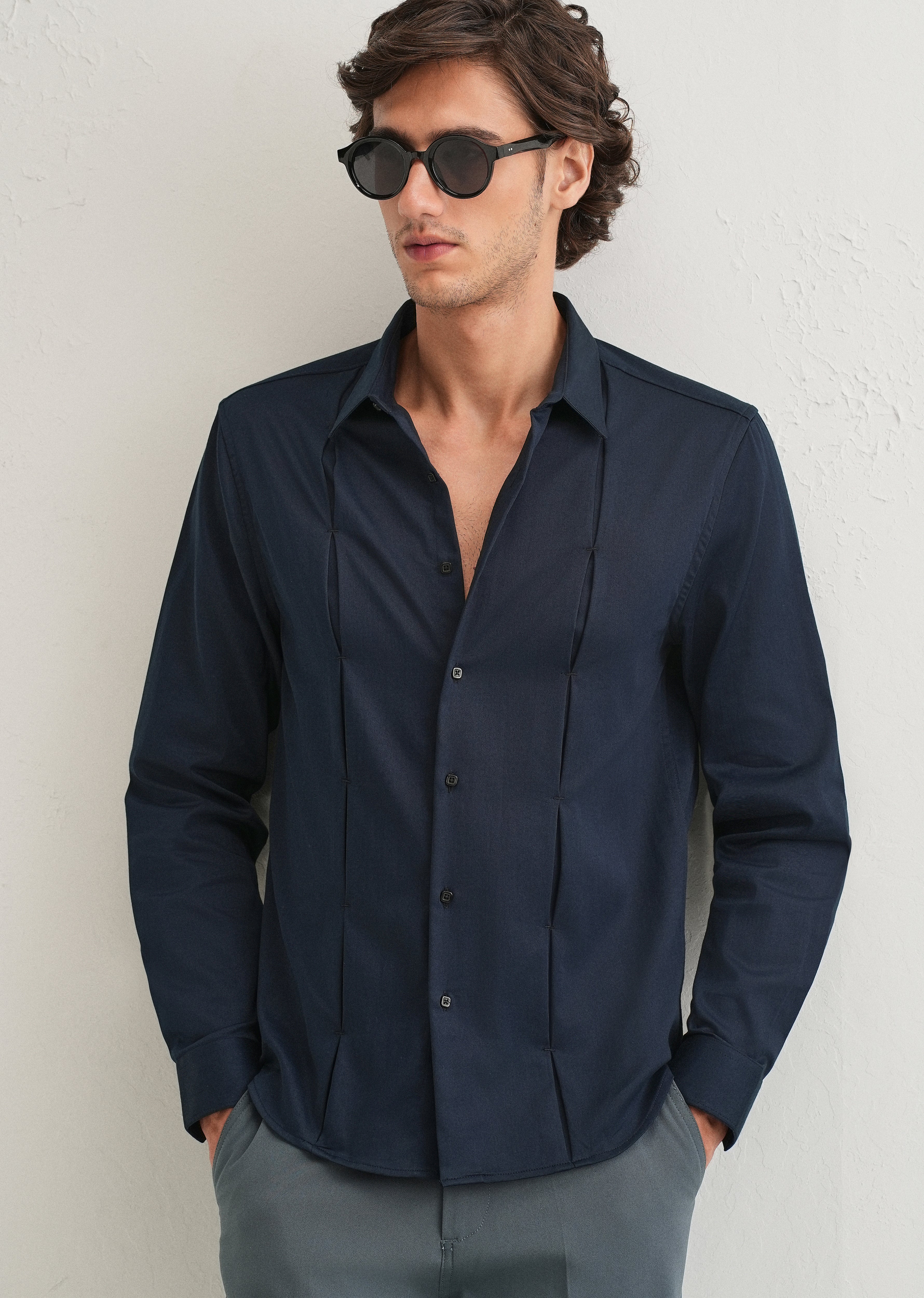 Blue Front Panel Open Pleat Shirt