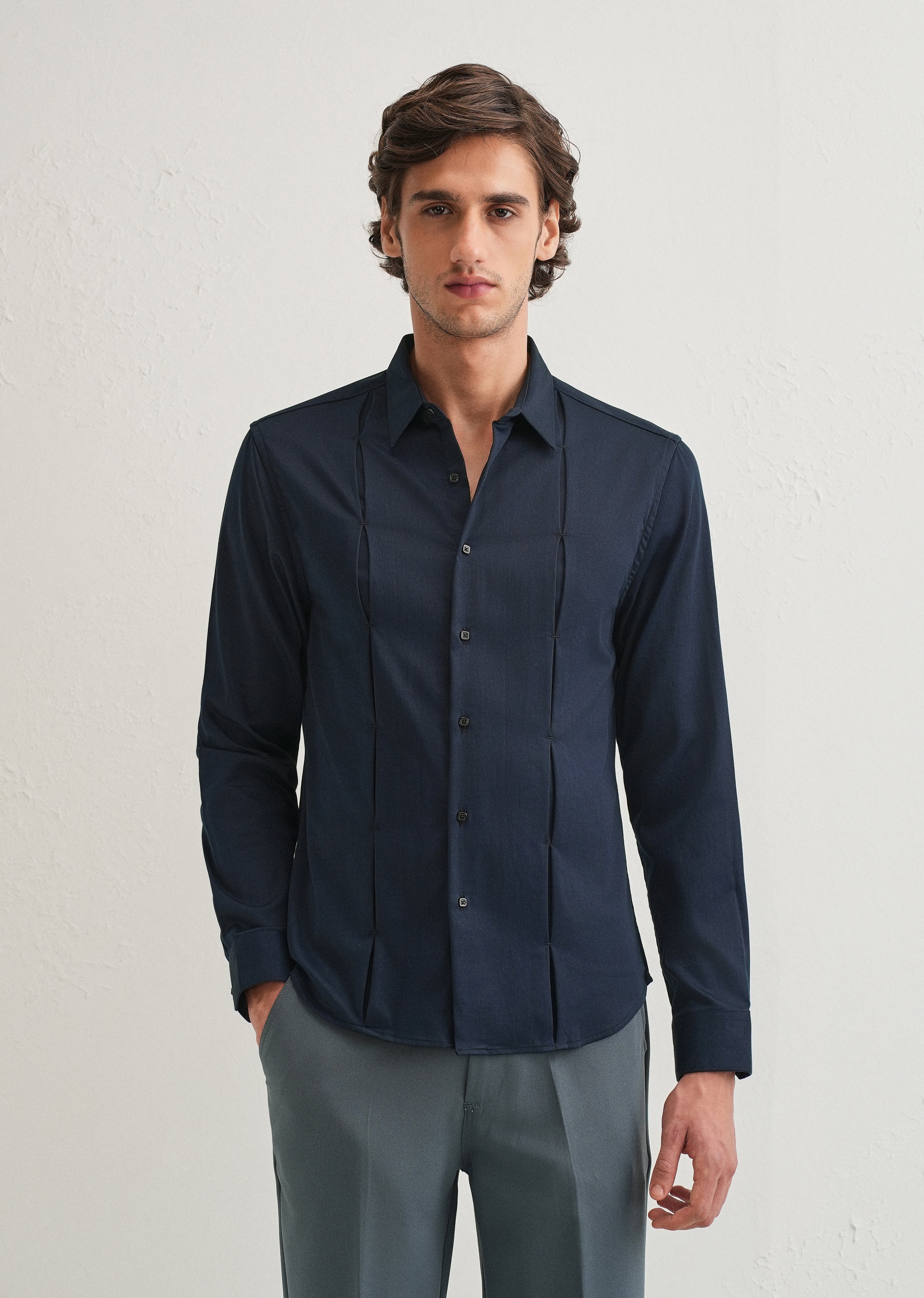 Blue Front Panel Open Pleat Shirt