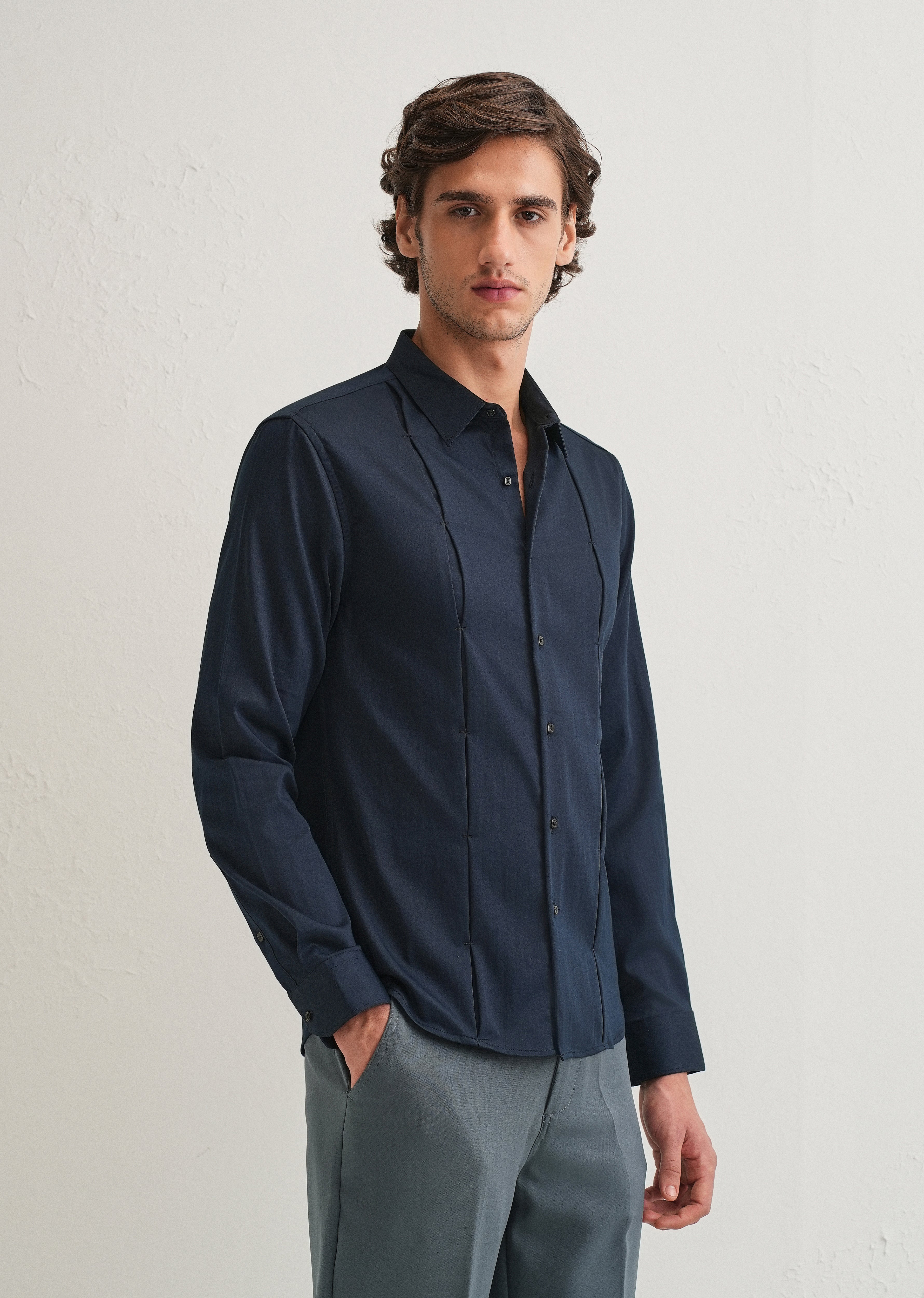Blue Front Panel Open Pleat Shirt