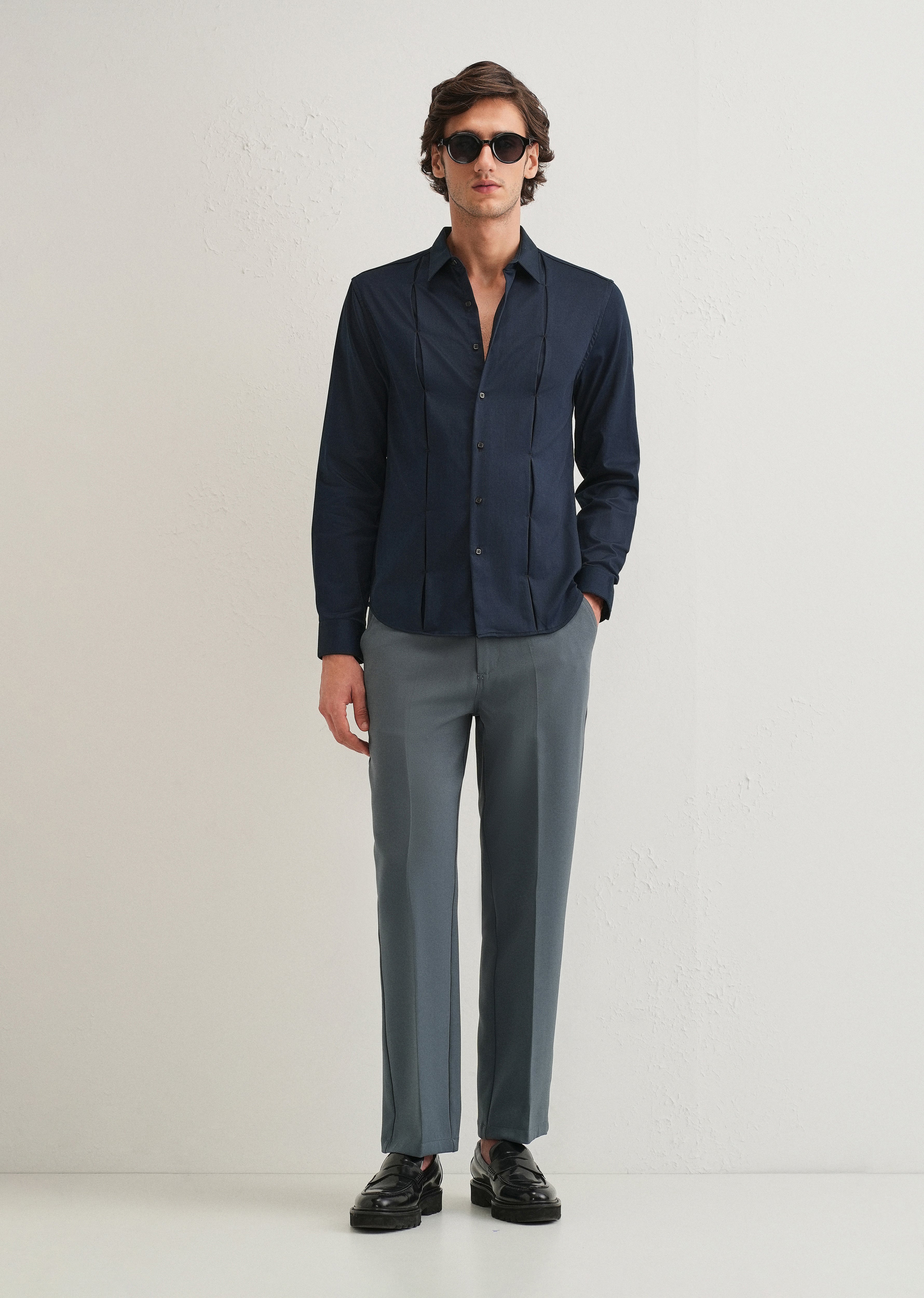 Blue Front Panel Open Pleat Shirt