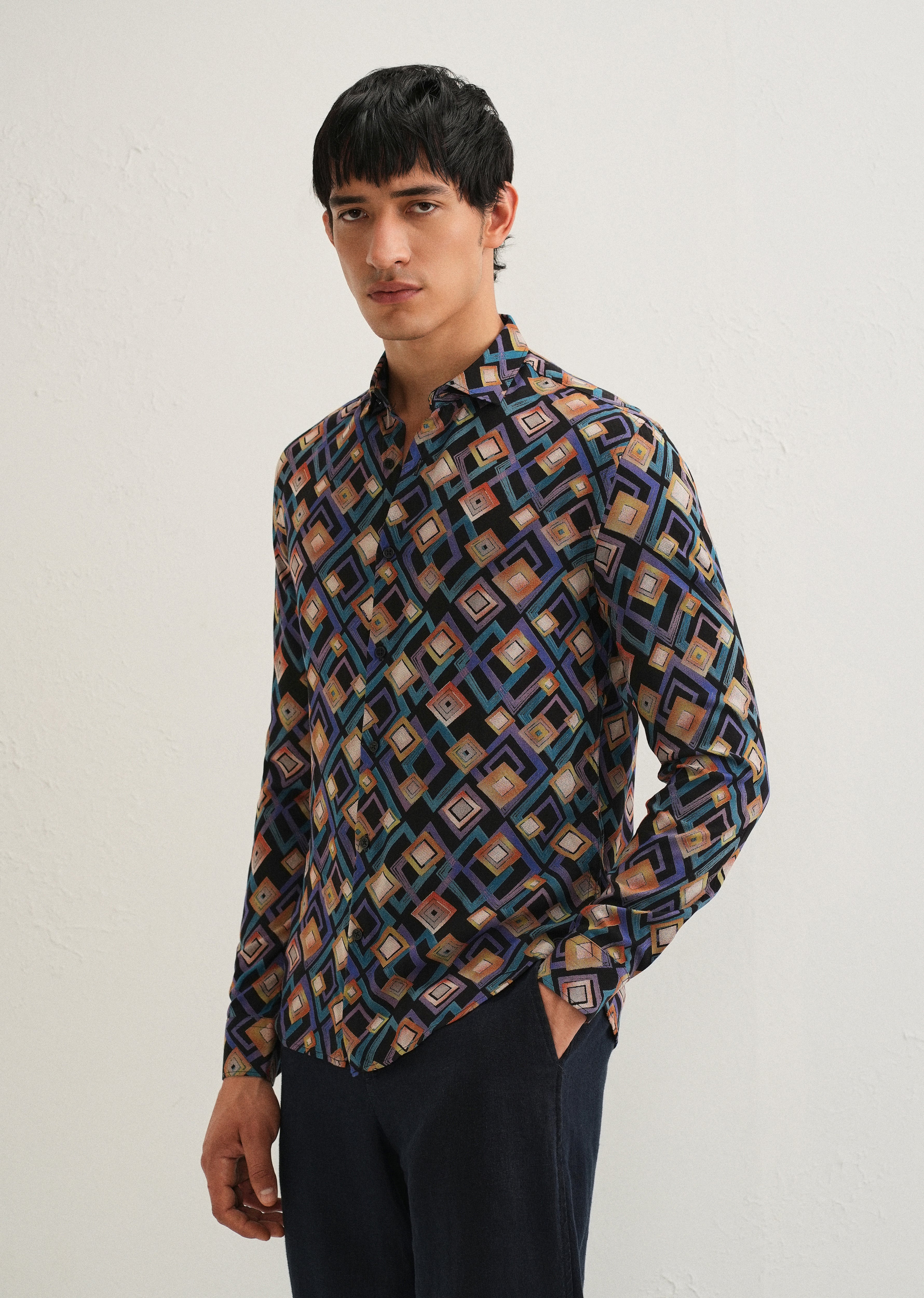 Blue Geometric Feather Shirt