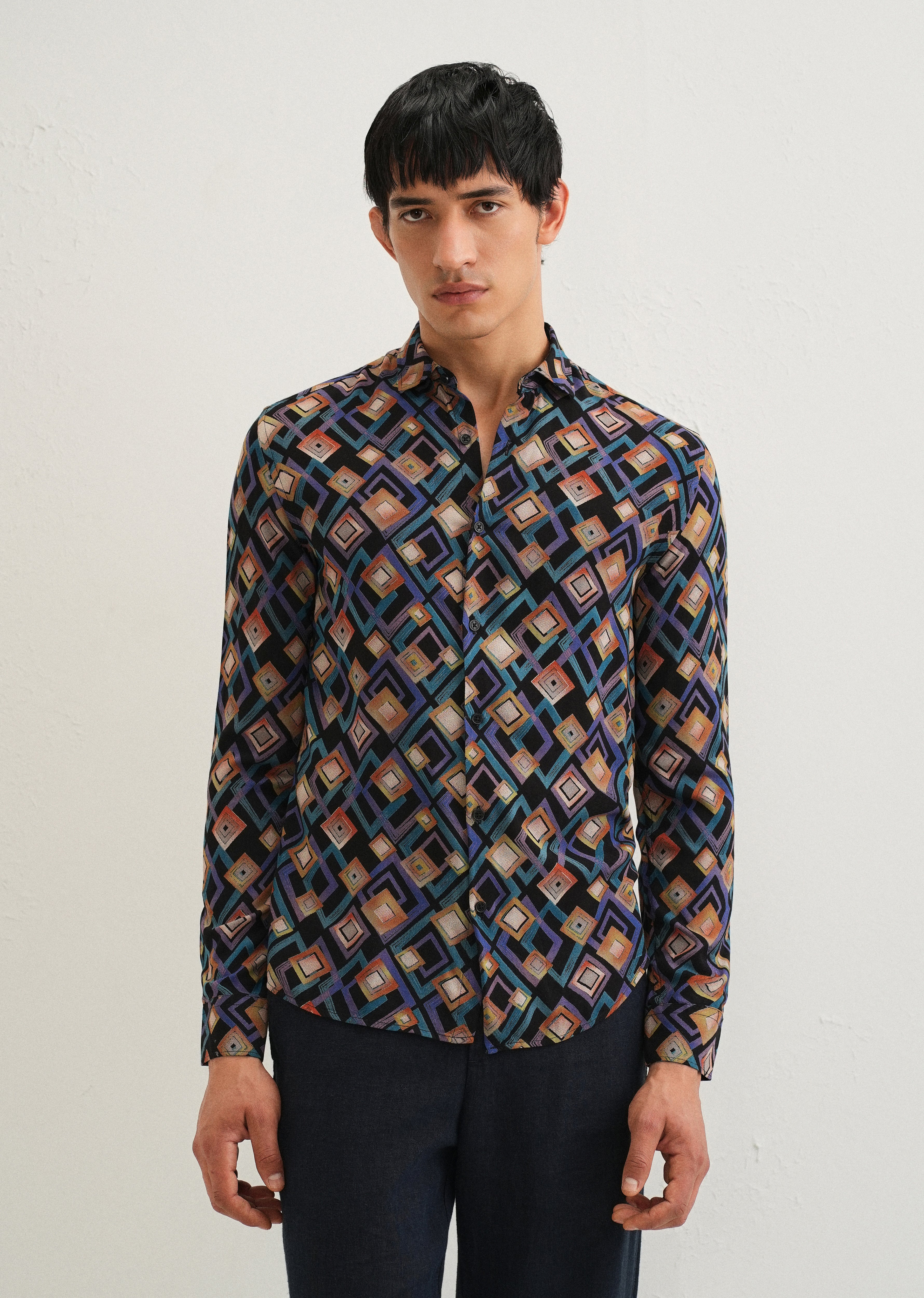 Blue Geometric Feather Shirt