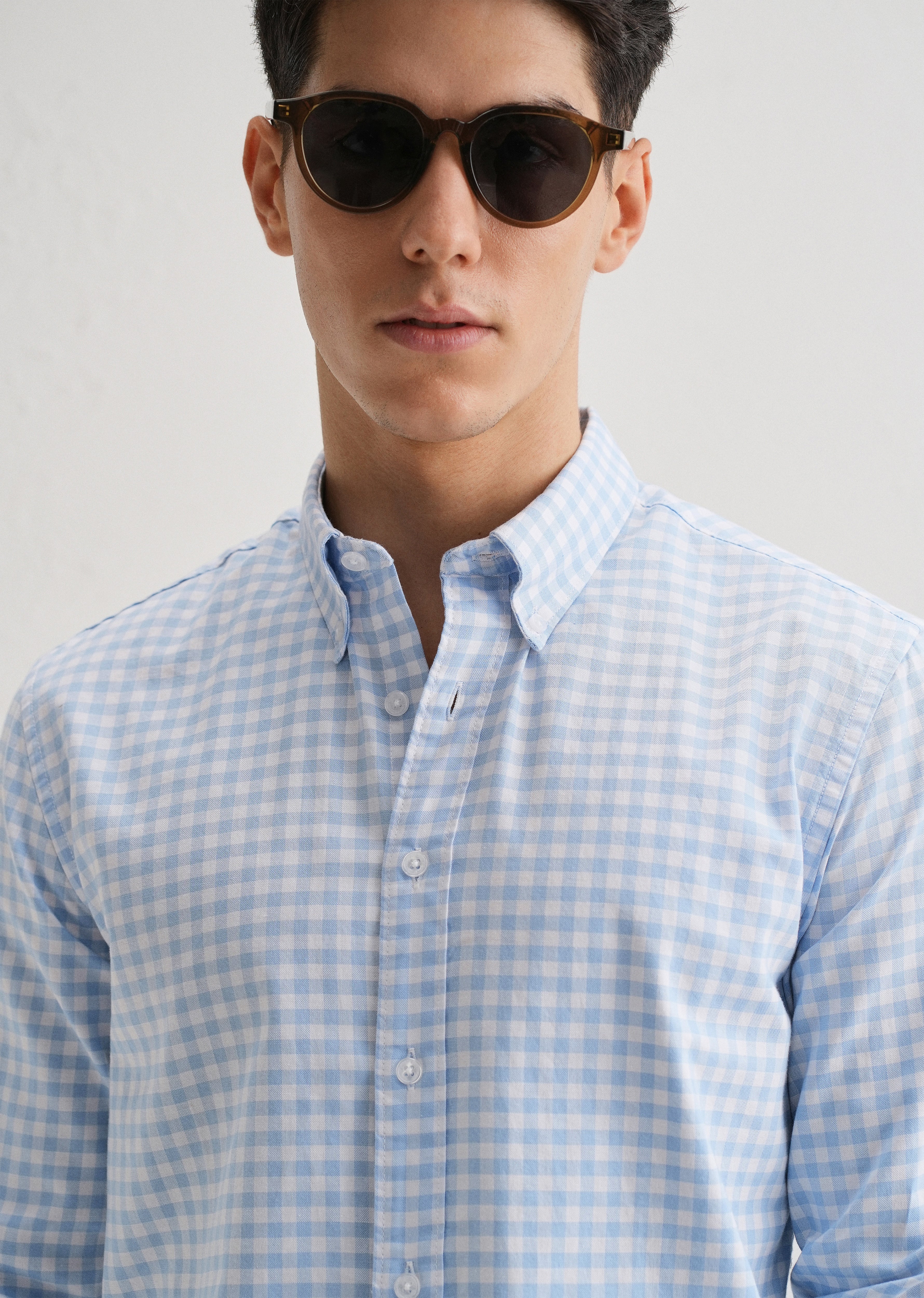 Blue Gingham Check Cotton Oxford Shirt