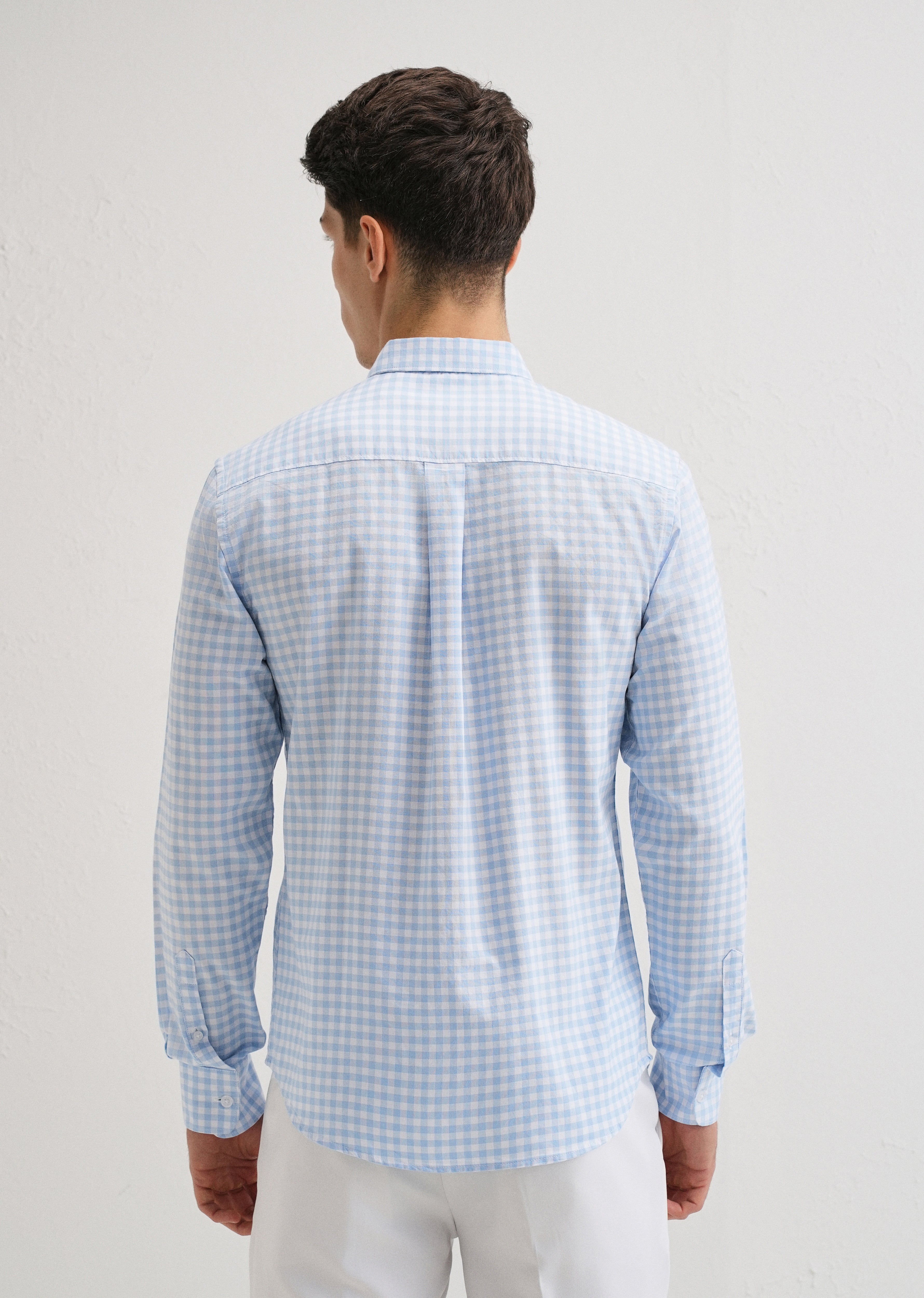 Blue Gingham Check Cotton Oxford Shirt