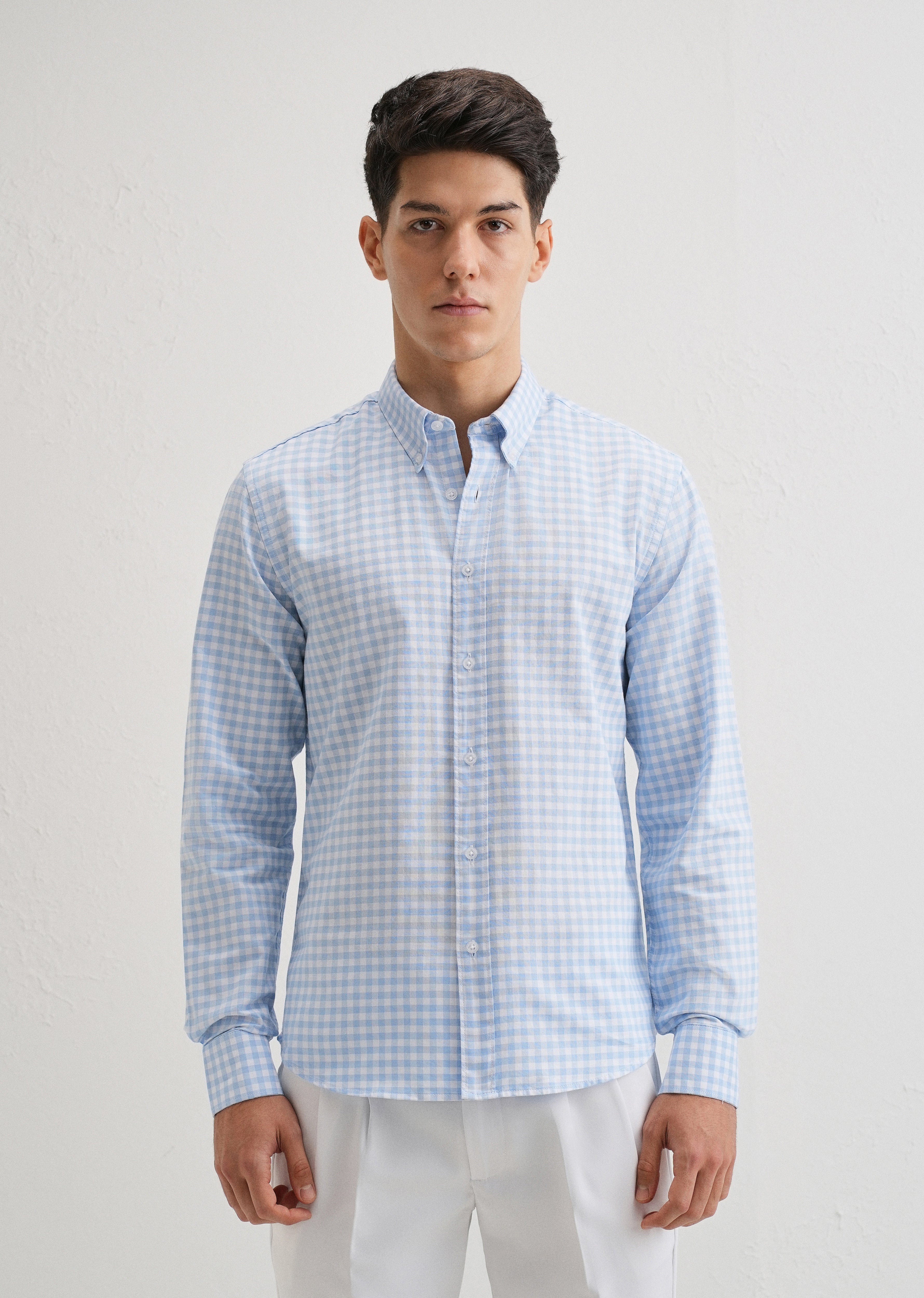 Blue Gingham Check Cotton Oxford Shirt