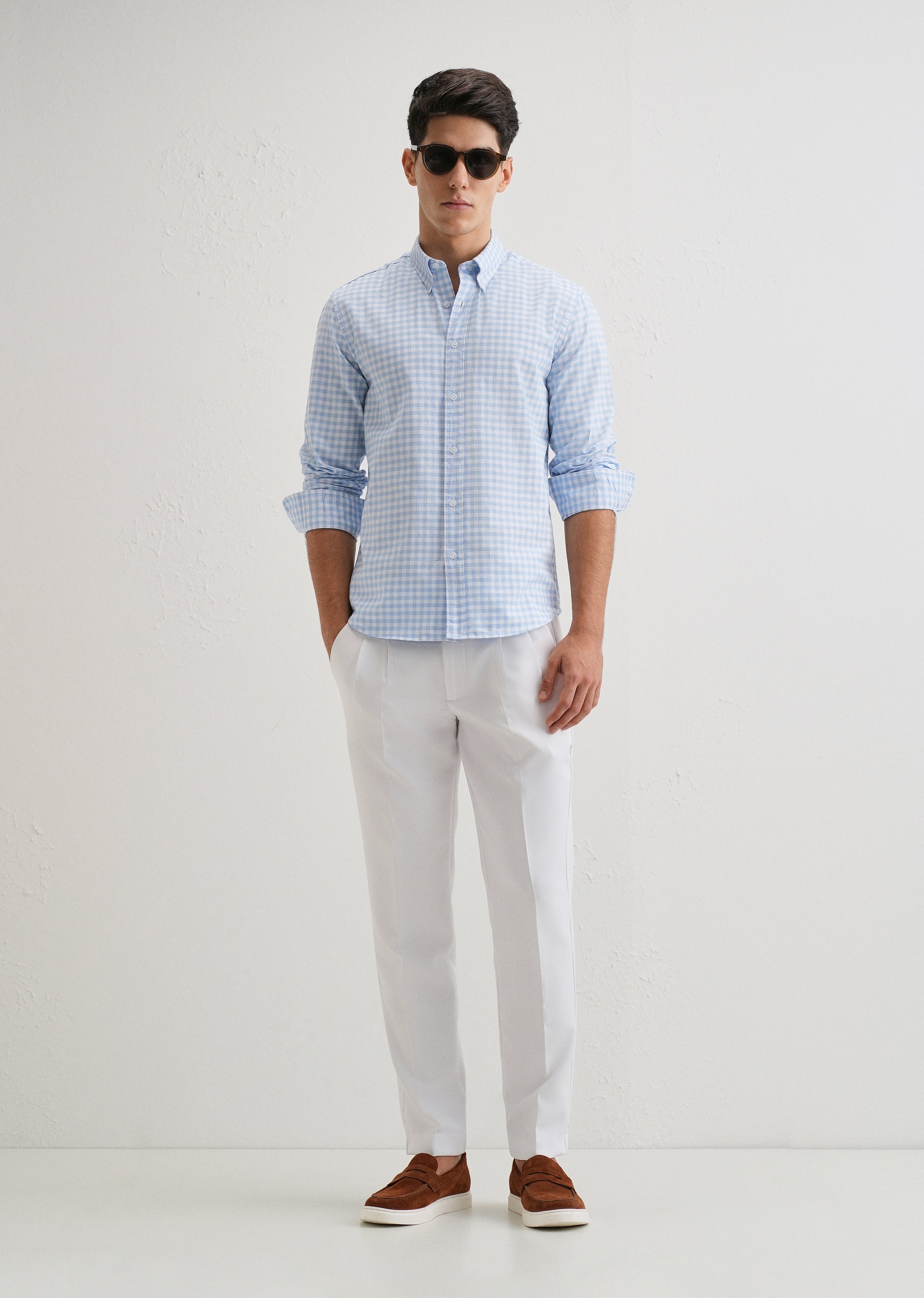 Blue Gingham Check Cotton Oxford Shirt