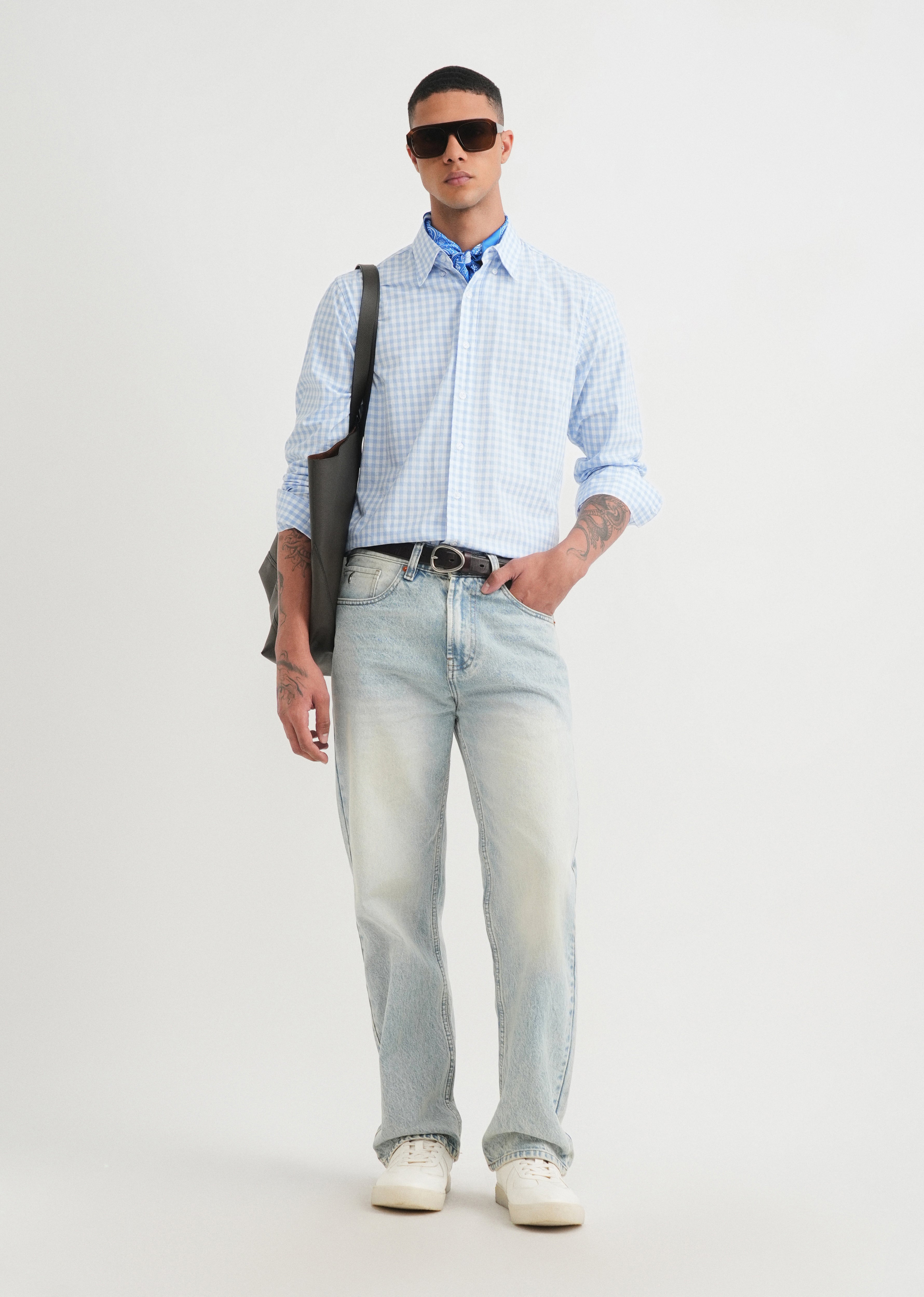 Blue Gingham Check Cotton Shirt