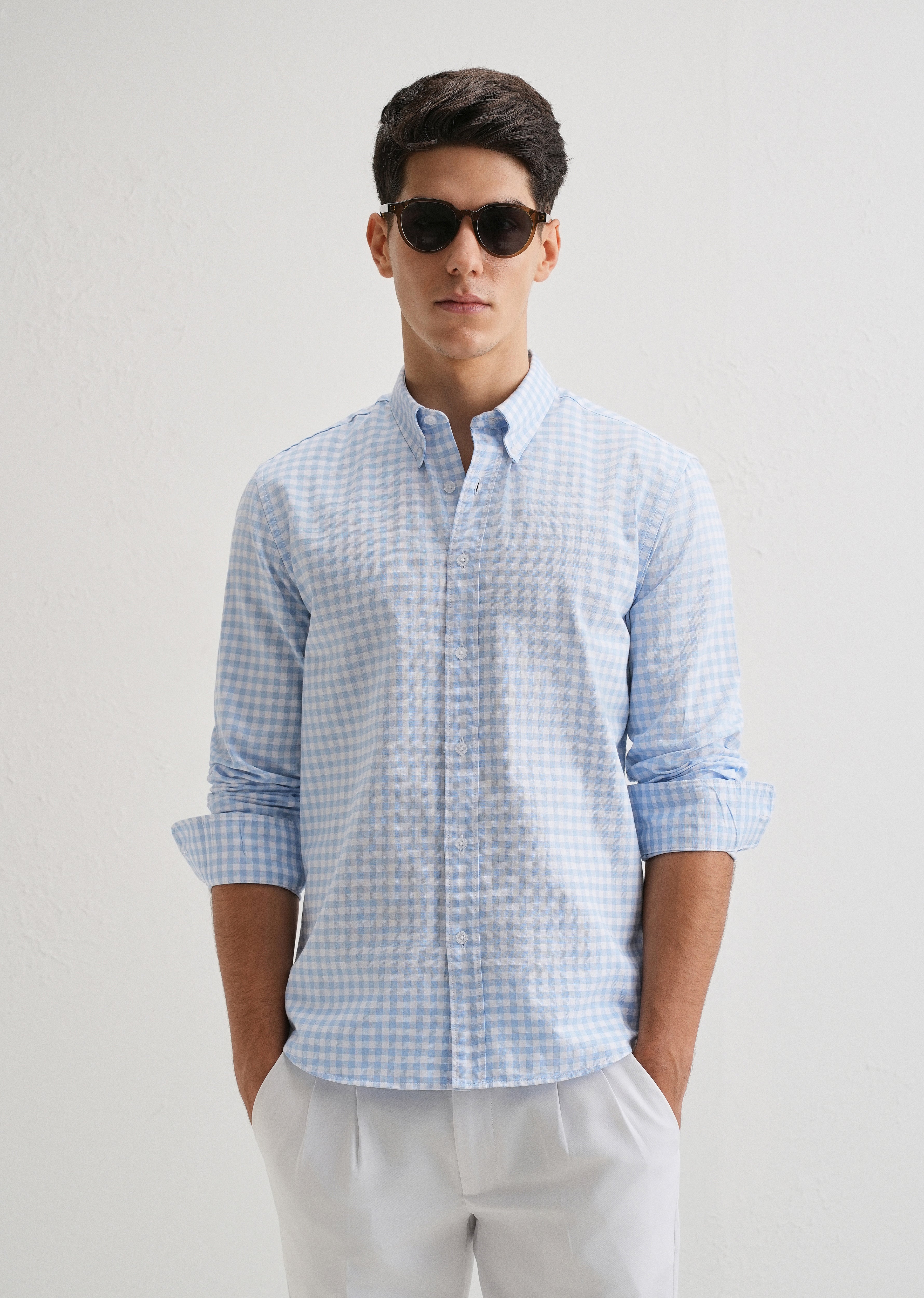 Blue Gingham Check Cotton Oxford Shirt