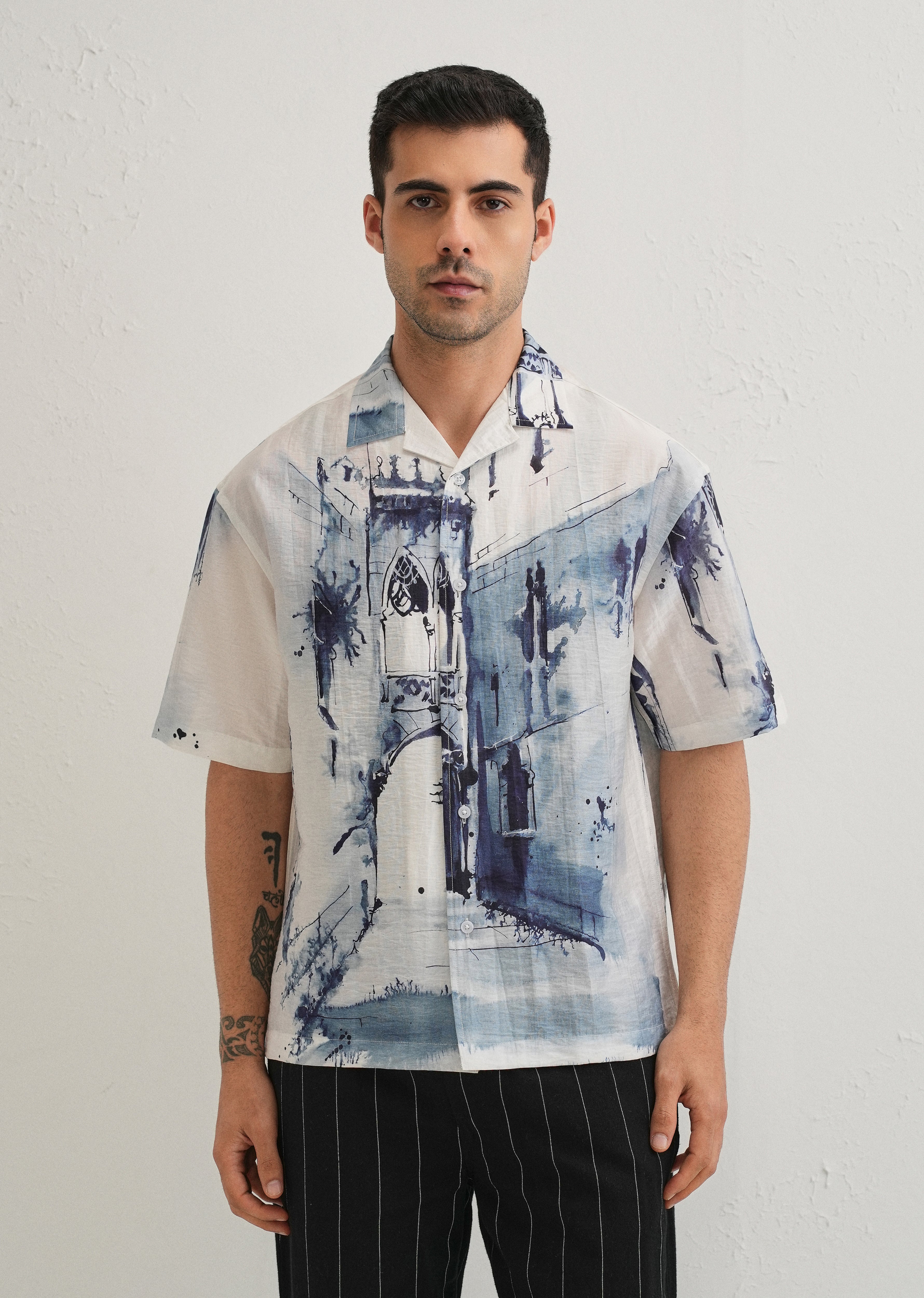 Blue Ink Wash Placement Print Shirt
