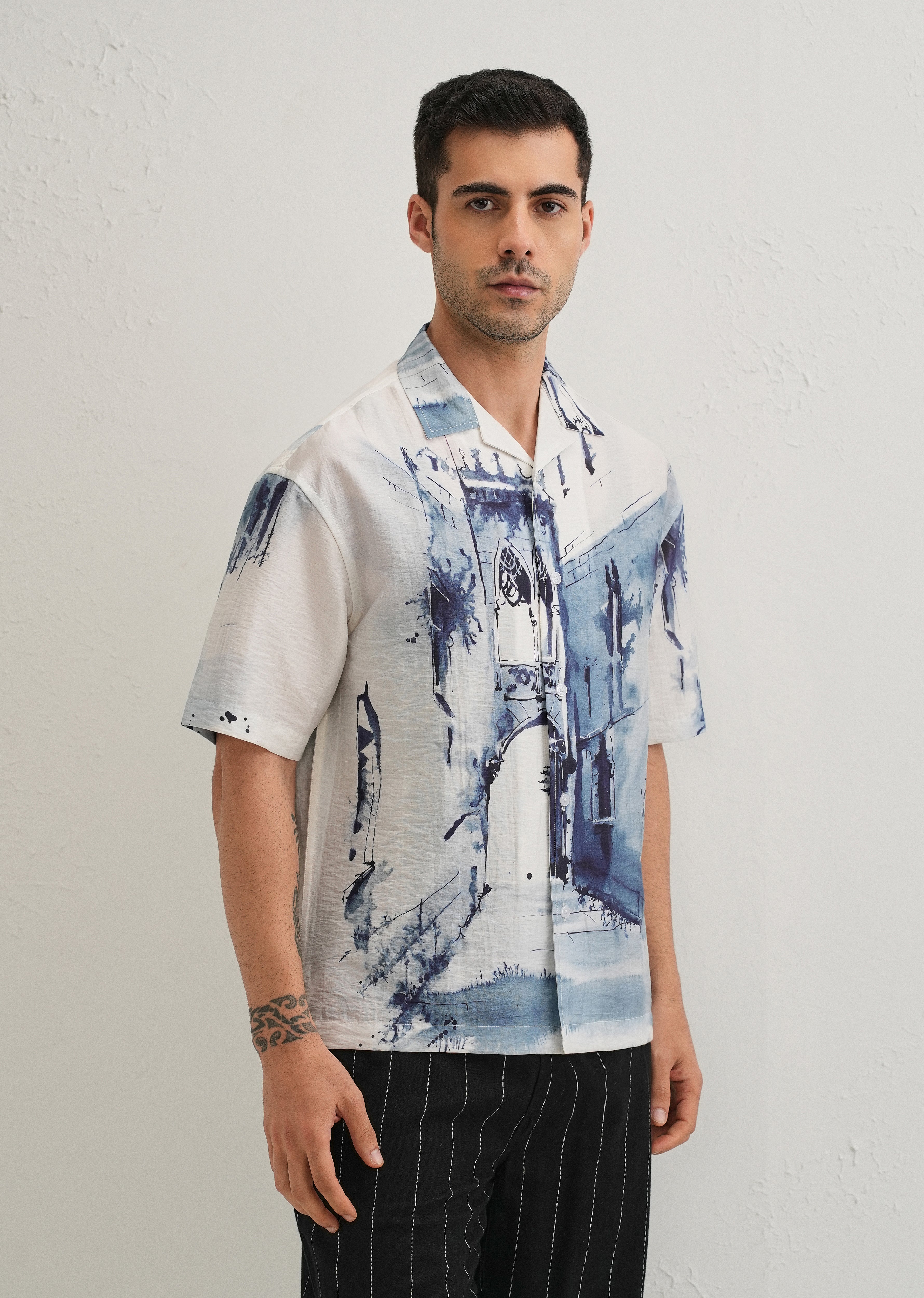 Blue Ink Wash Placement Print Shirt
