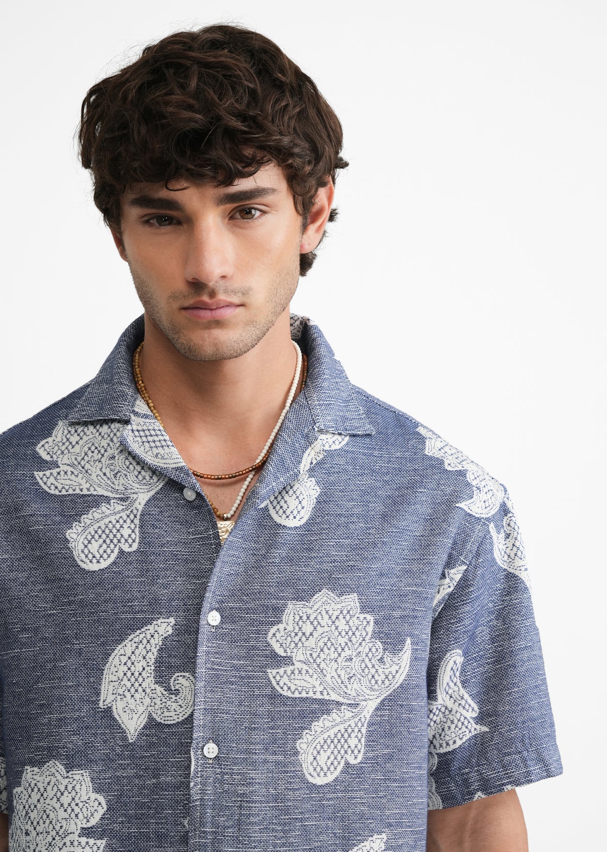 Blue Jacquard Floral Boxy Shirt
