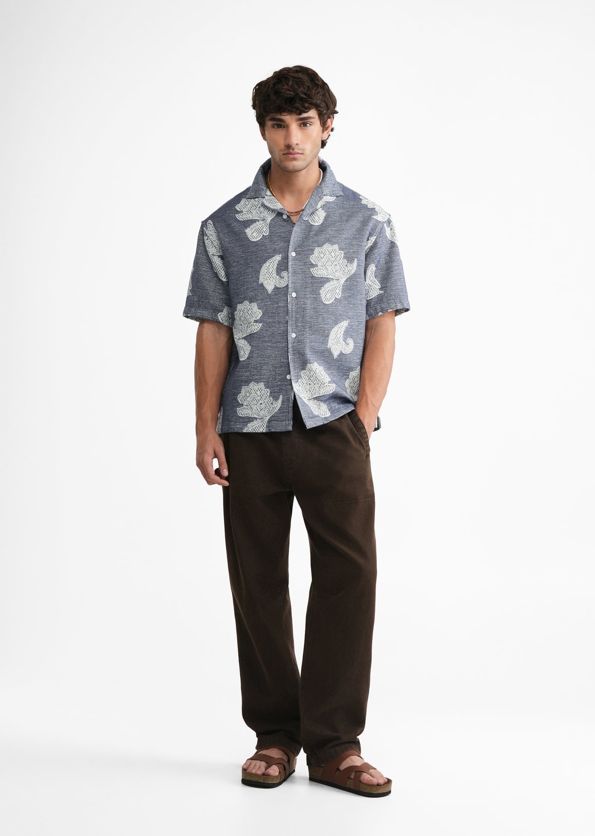 Blue Jacquard Floral Boxy Shirt