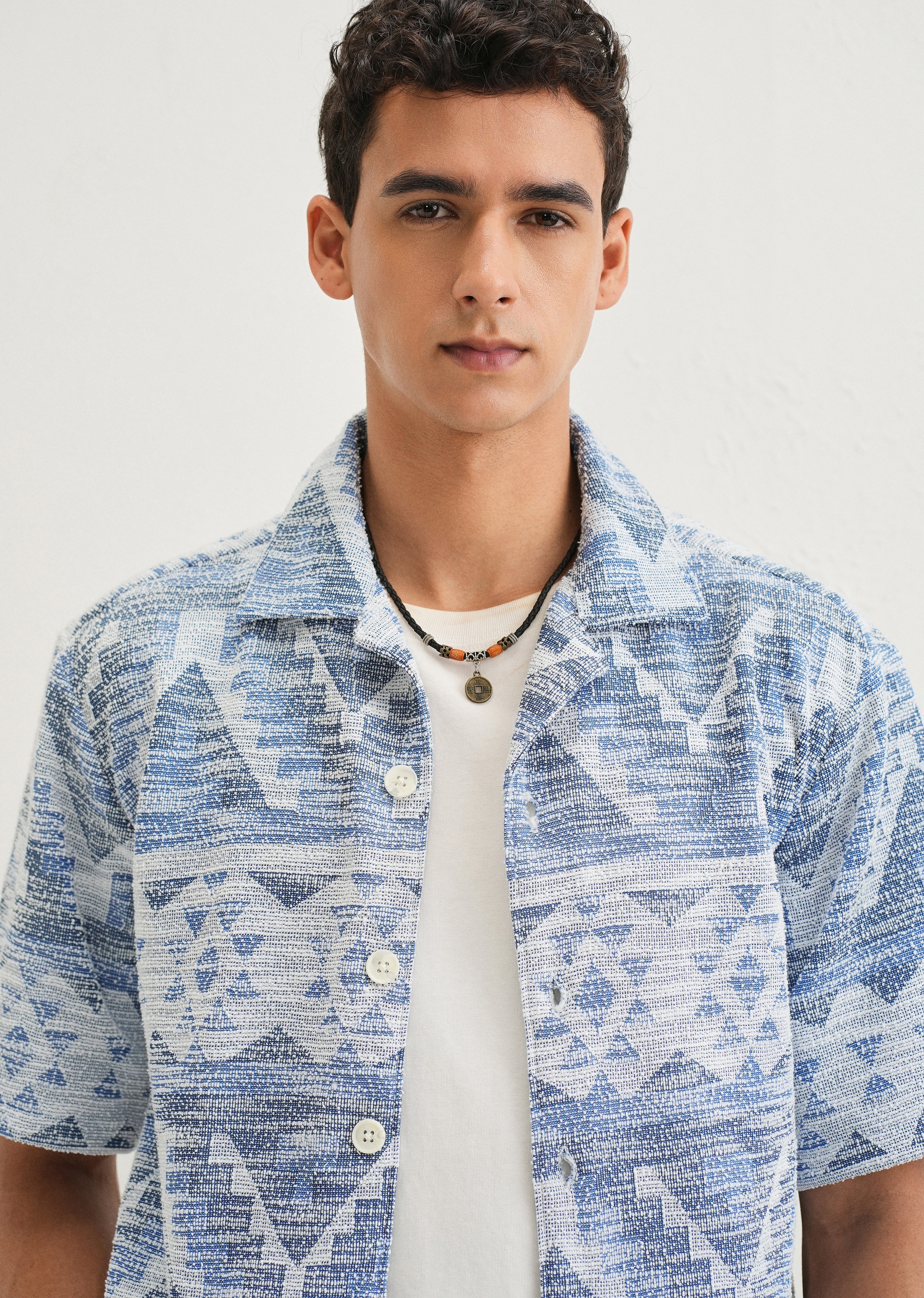 Blue Jacquard Knitted Shirt