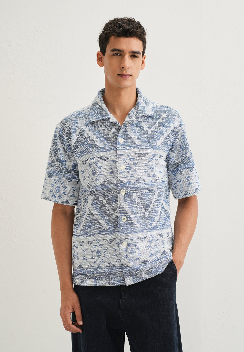 Blue Jacquard Knitted Shirt