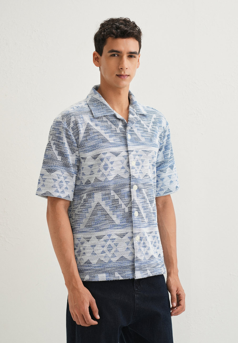 Blue Jacquard Knitted Shirt