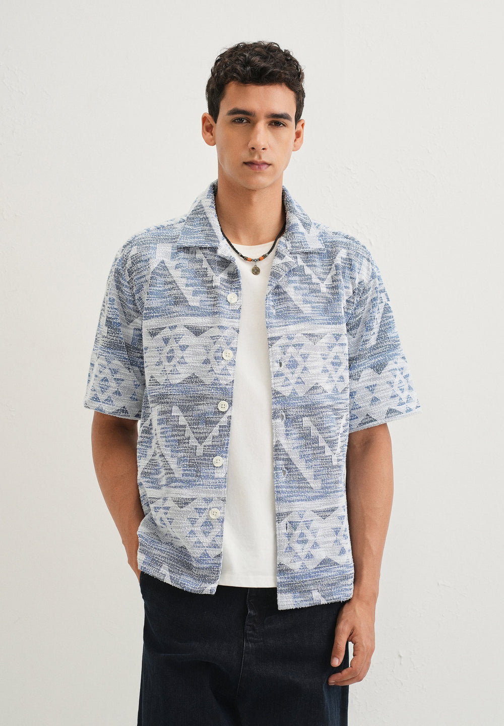 Blue Jacquard Knitted Shirt