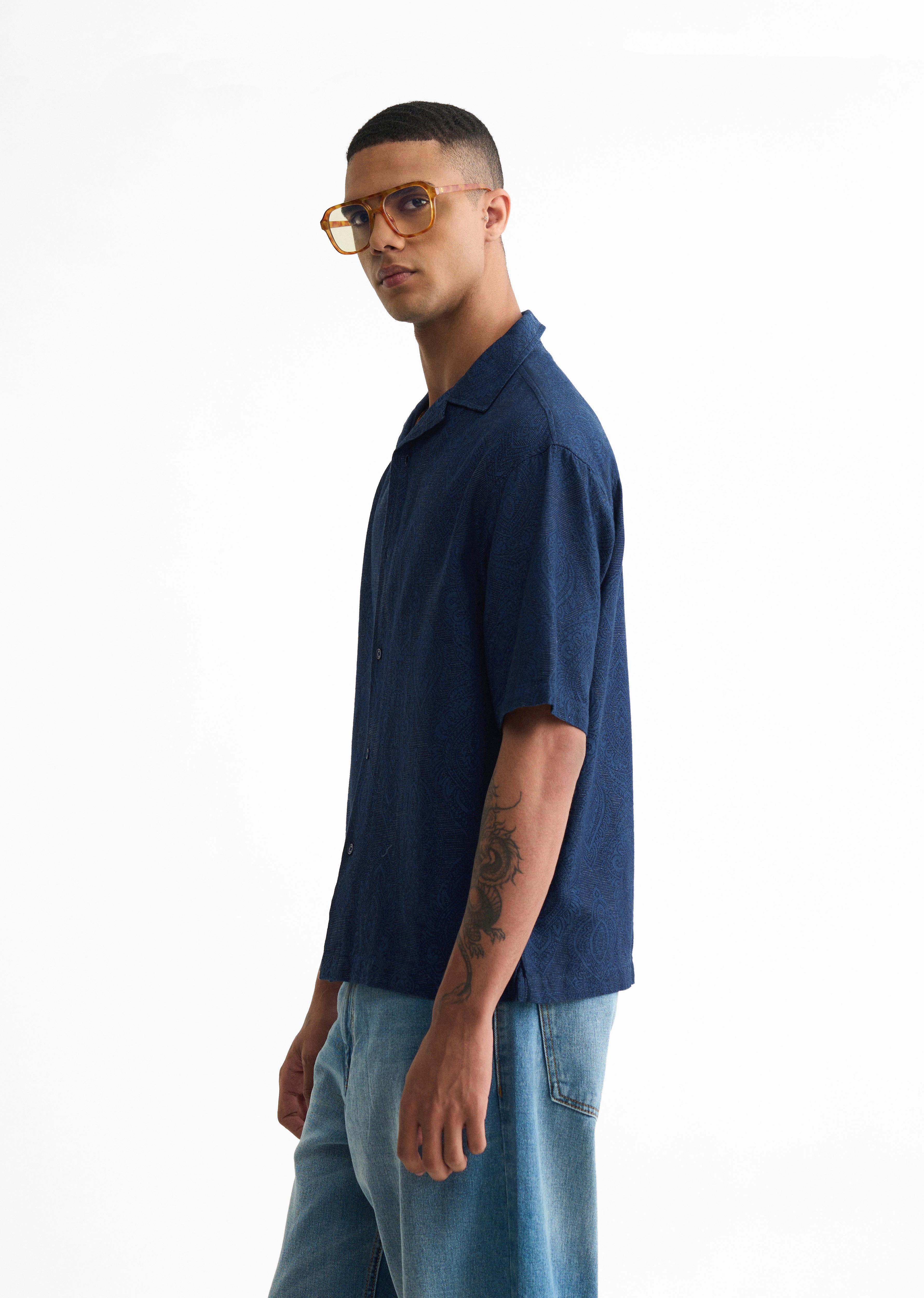 Blue Jacquard Pattern Boxy Shirt