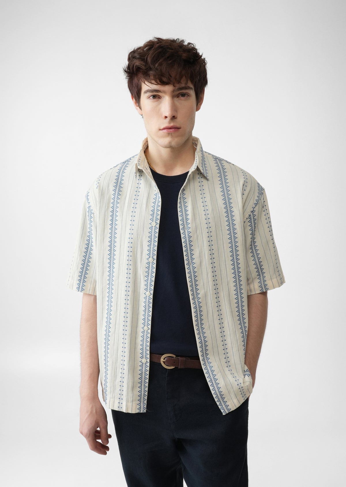 Dark Blue Jacquard Stripe Cotton Shirt