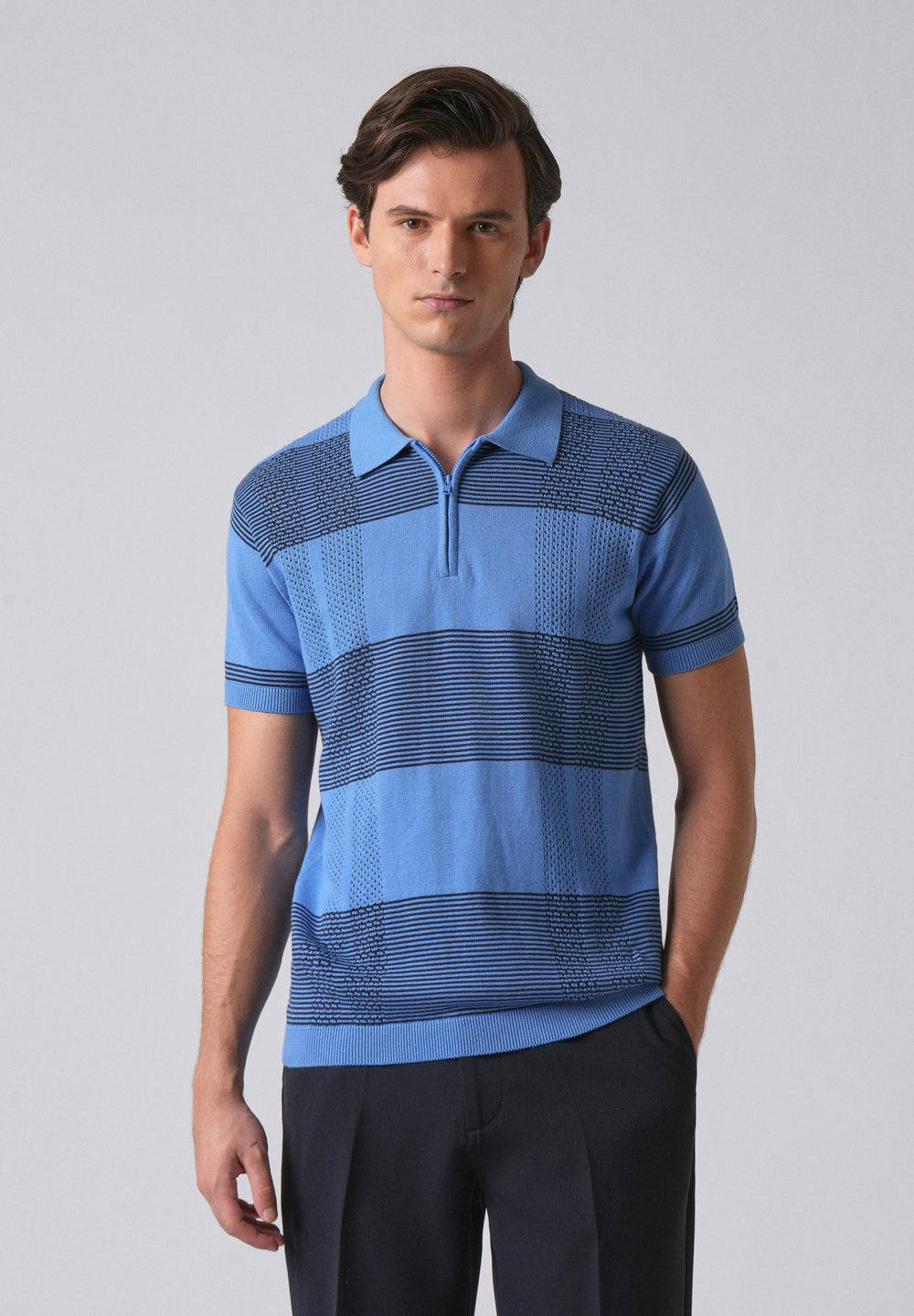 Blue Knitted Polo Zipper T-shirt