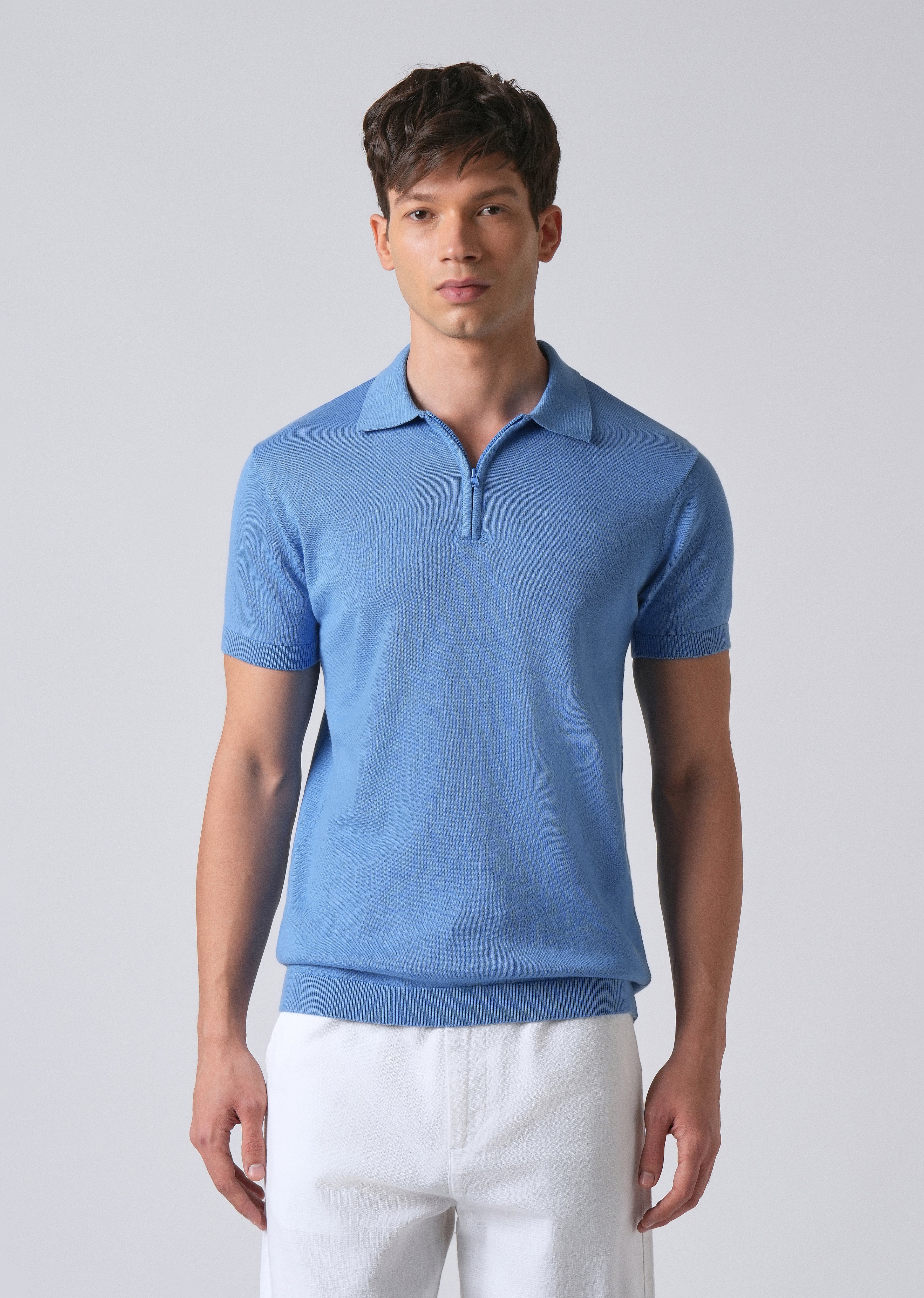 Light Blue Knitted Polo Zipper T-shirt