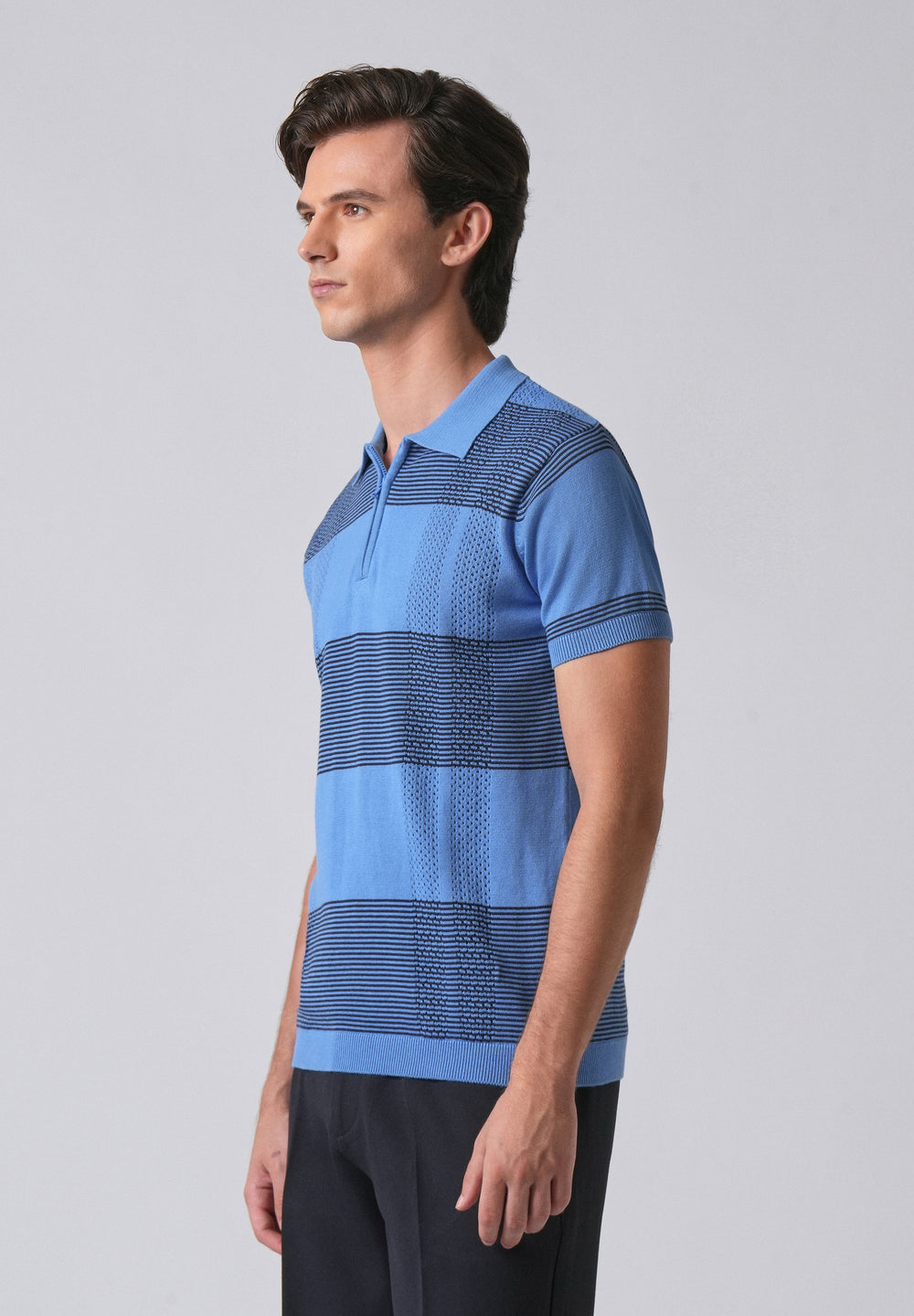 Blue Knitted Polo Zipper T-shirt