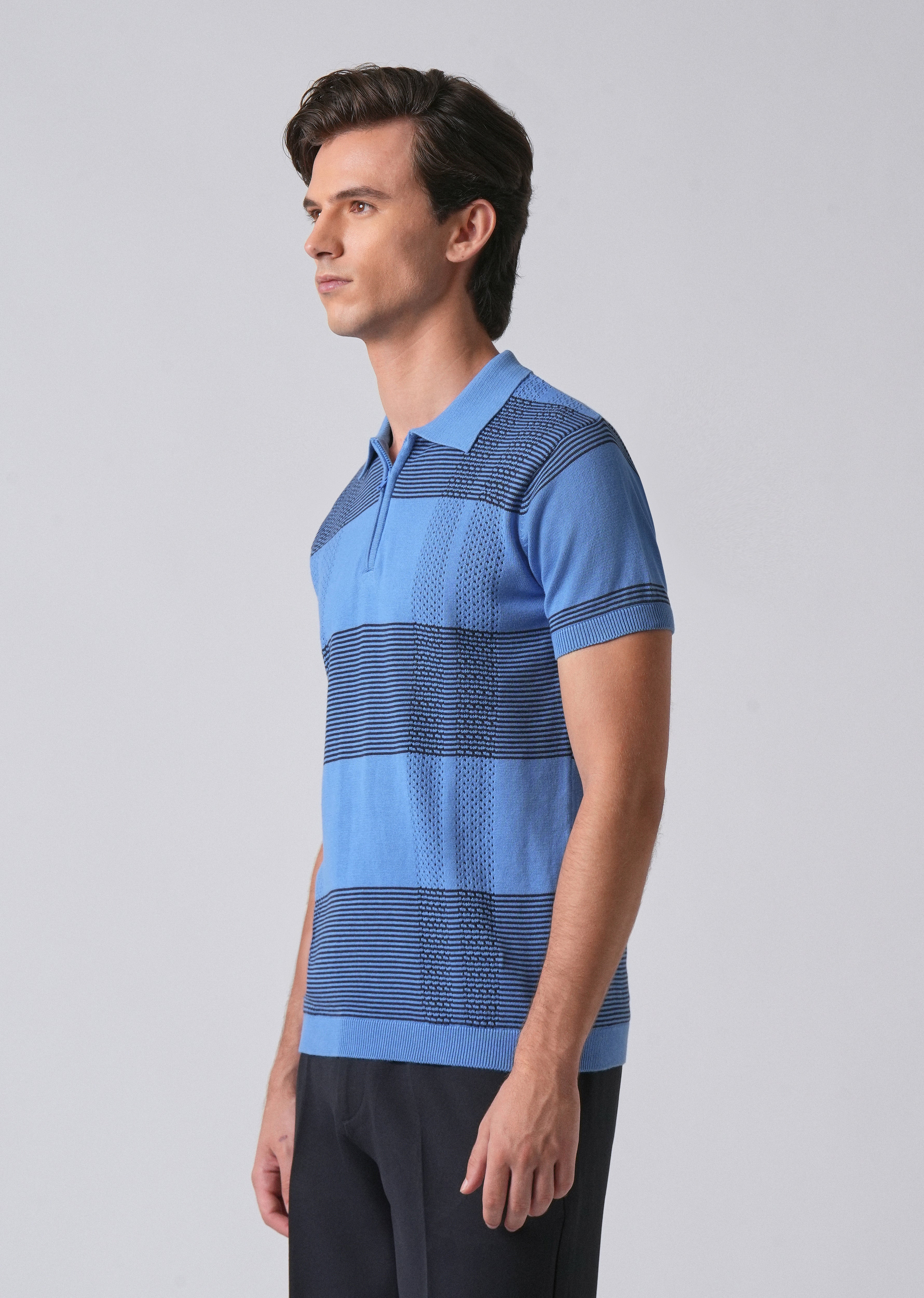 Blue Knitted Polo Zipper T-shirt
